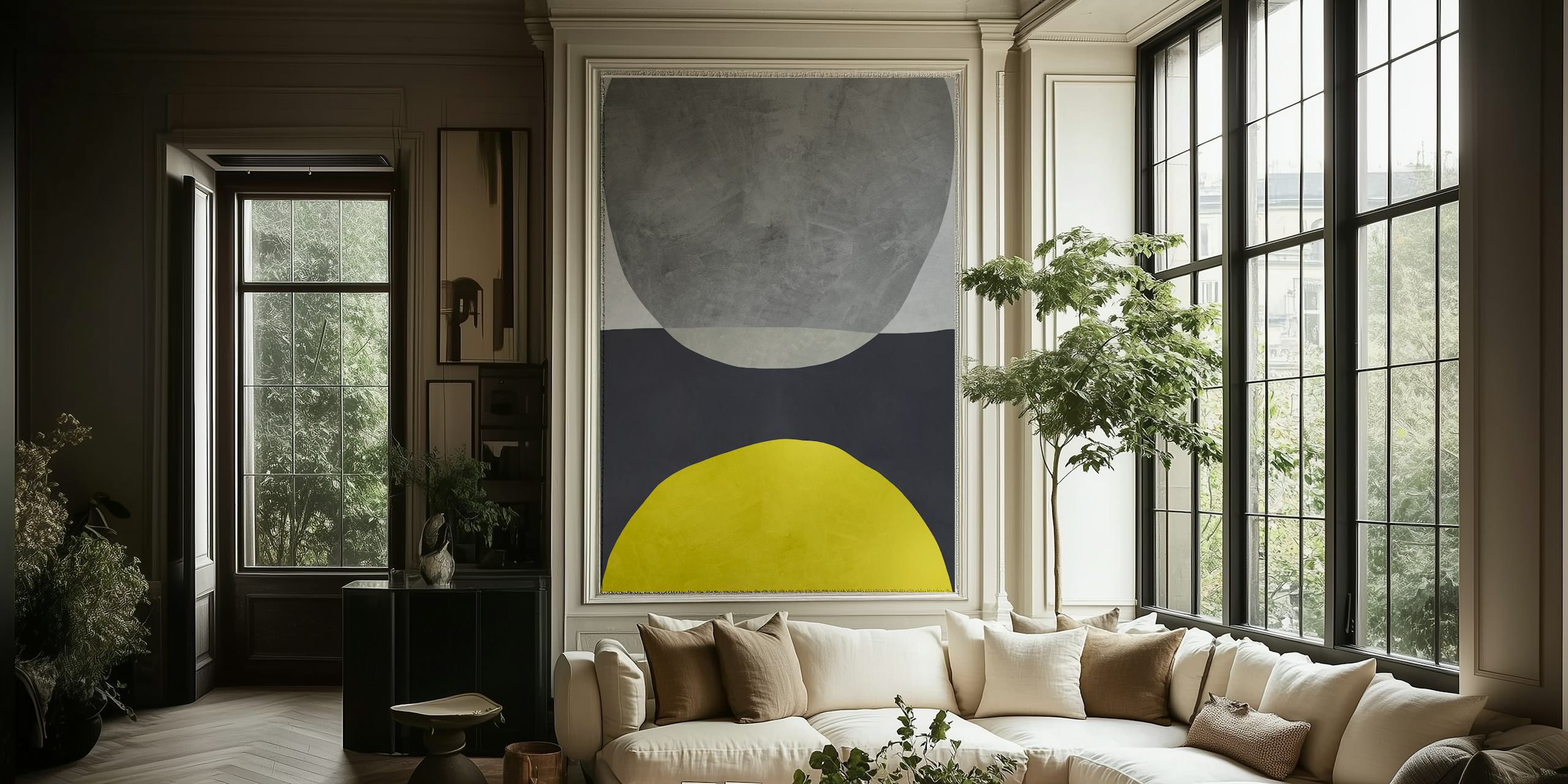 Geometric shapes in gray and yellow on a textured background wallpaper