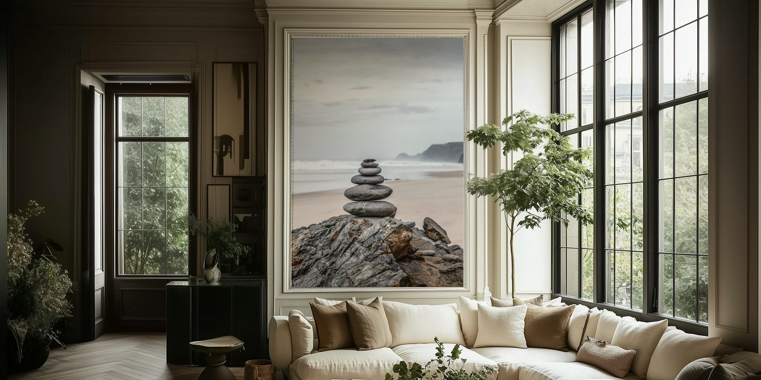 Zen-like rock balancing on driftwood on a misty Portuguese beach wall mural