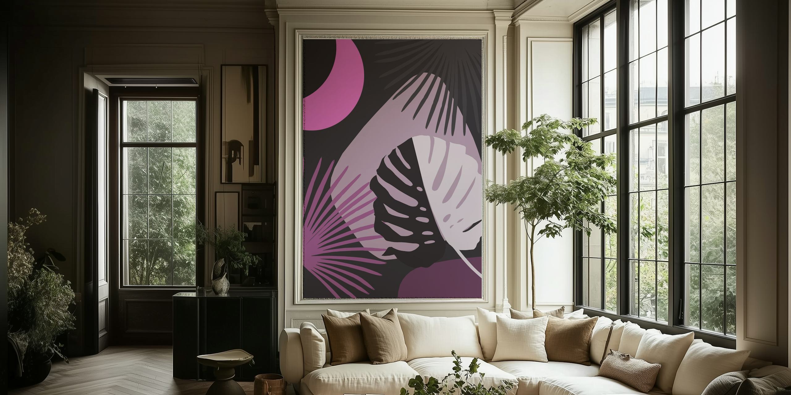 Yin Yang Monstera Fan Palm wall mural with pink crescent