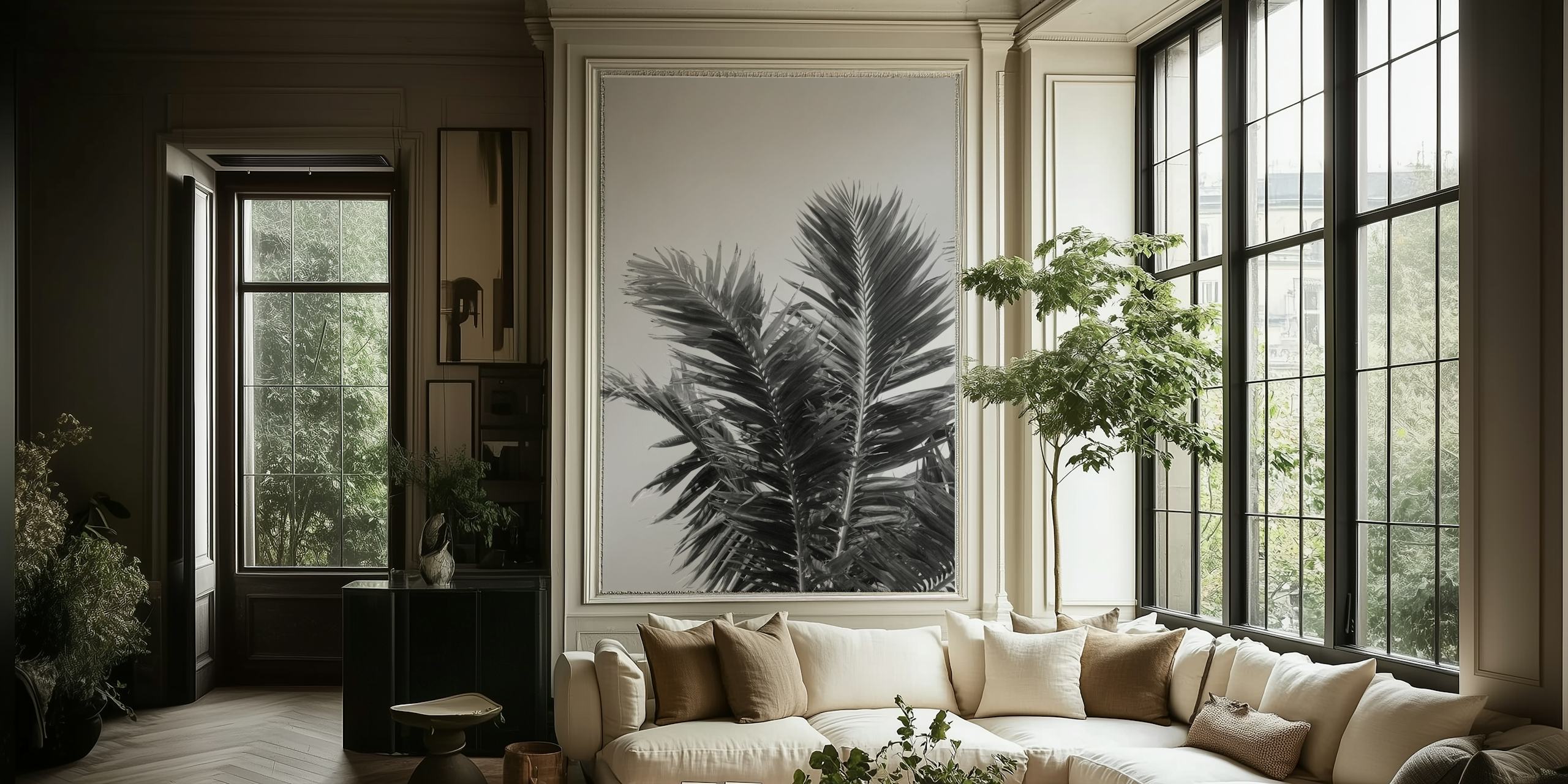 Fotomural vinílico de parede de folhas de palmeira tropical em preto e branco para decoração de interiores.