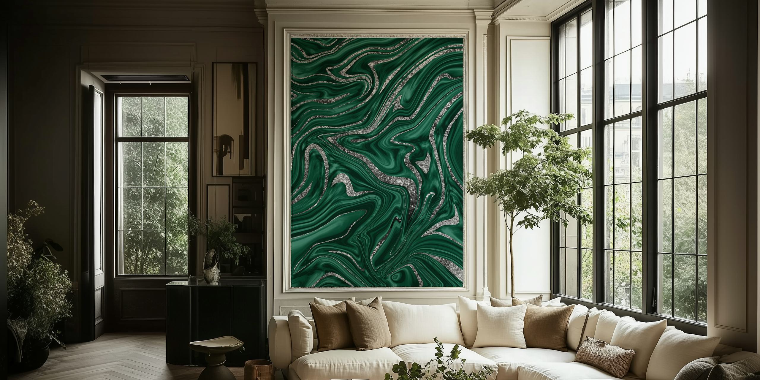 Emerald green black silver wallpaper design