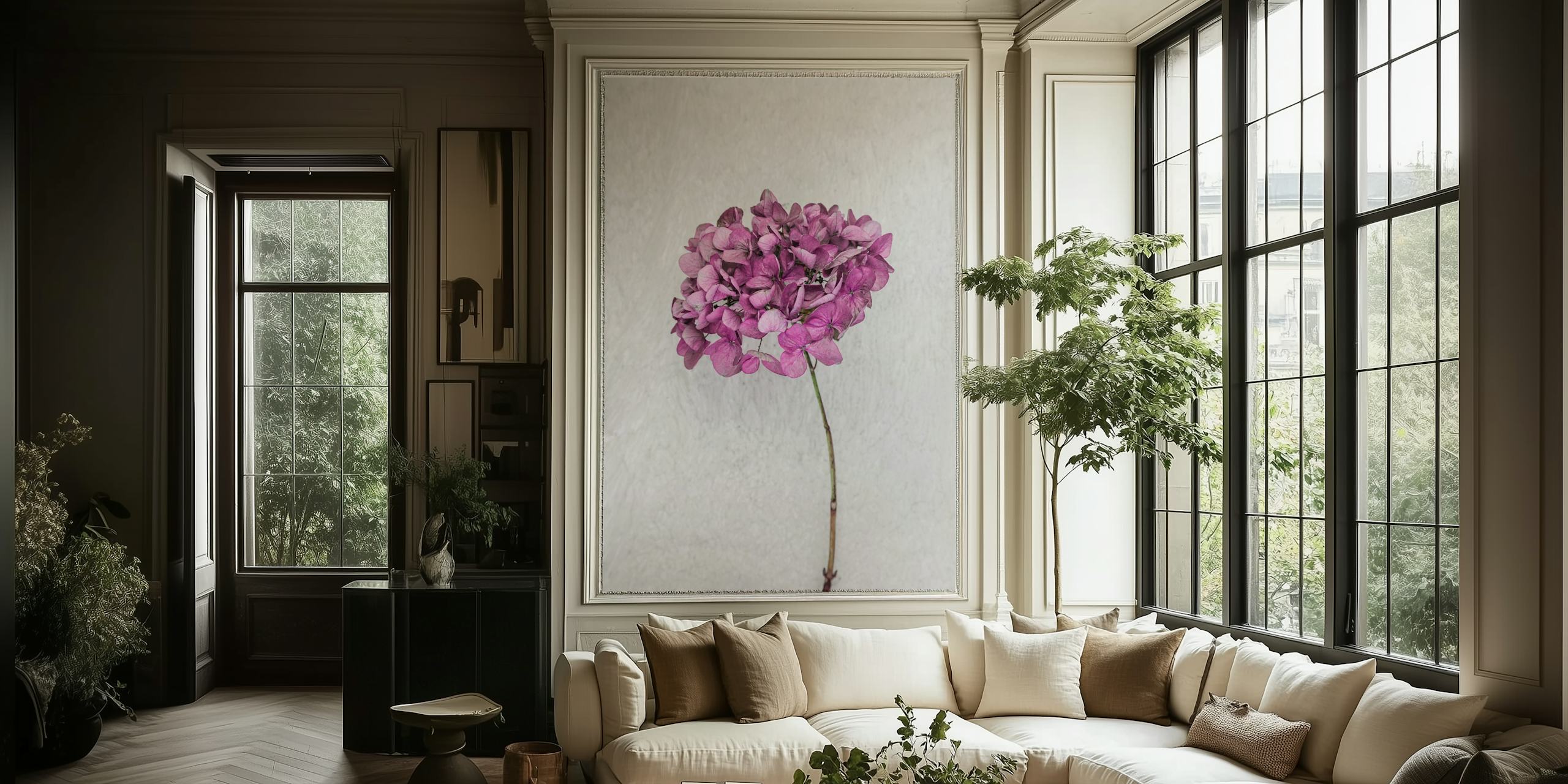 Pink hydrangea flower on a textured white background wallpaper