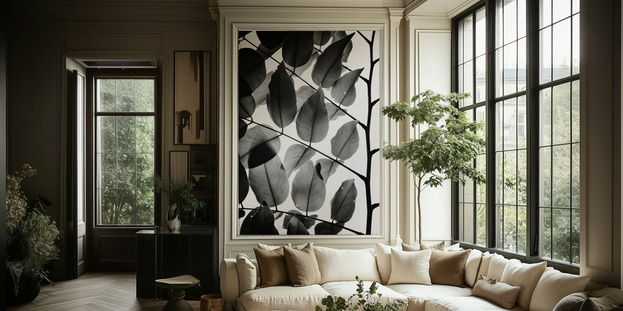 Black and white leaf pattern wallpaper featuring delicate leaves and branches.