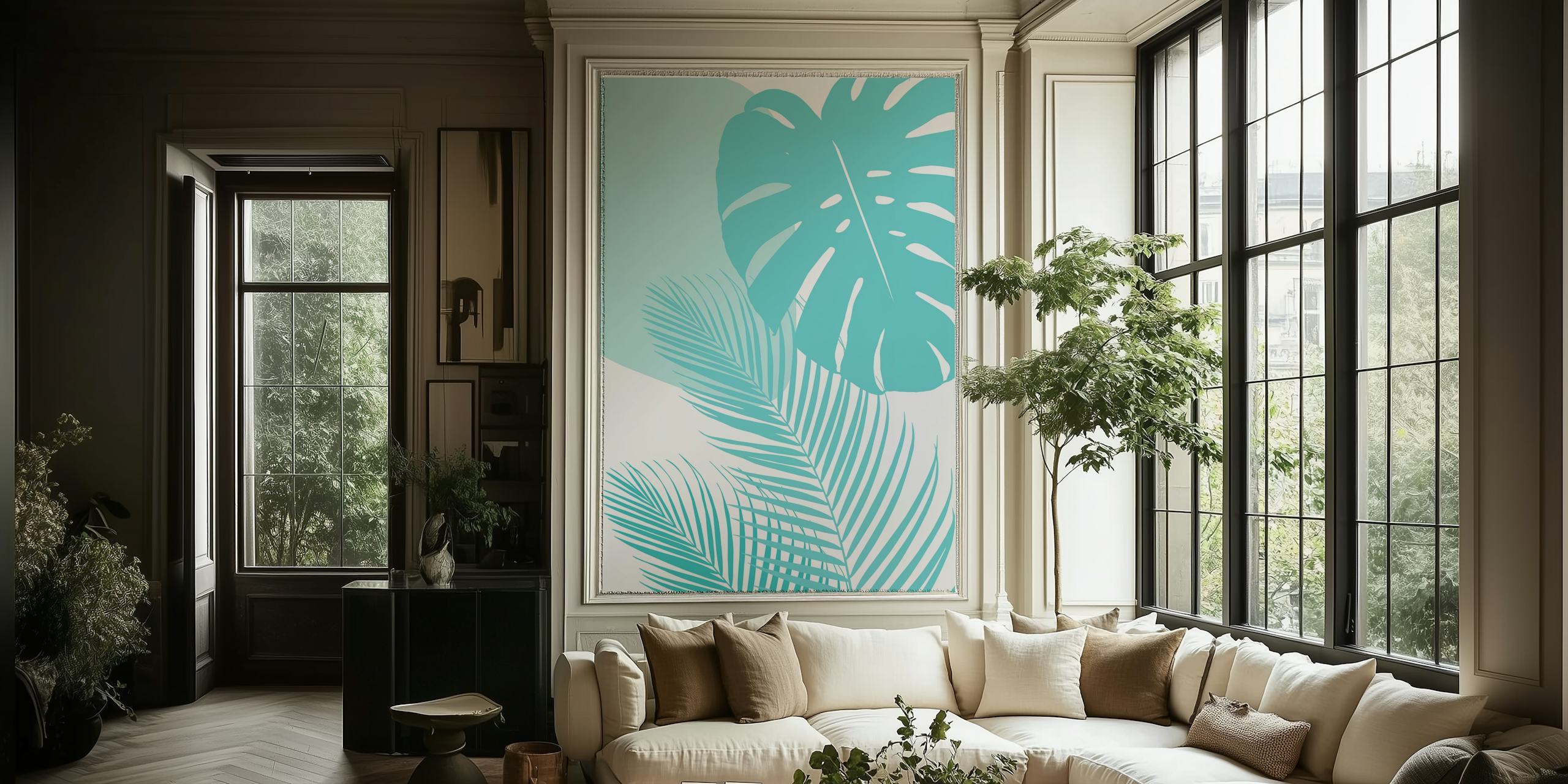 Stilisert monstera og palmeblad-tapet i pastelltoner