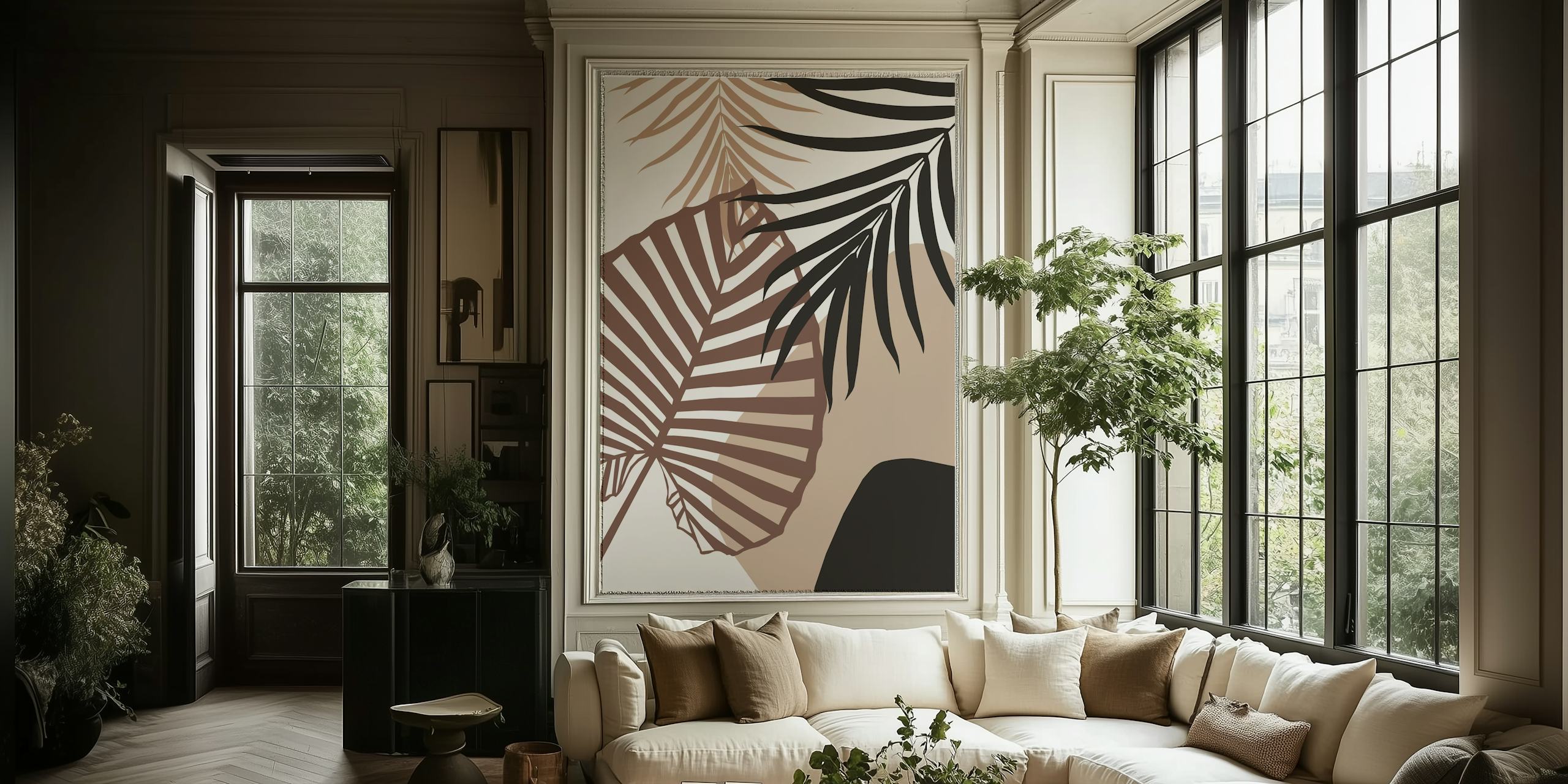 Botanical leaves in beige and black abstract wallpaper