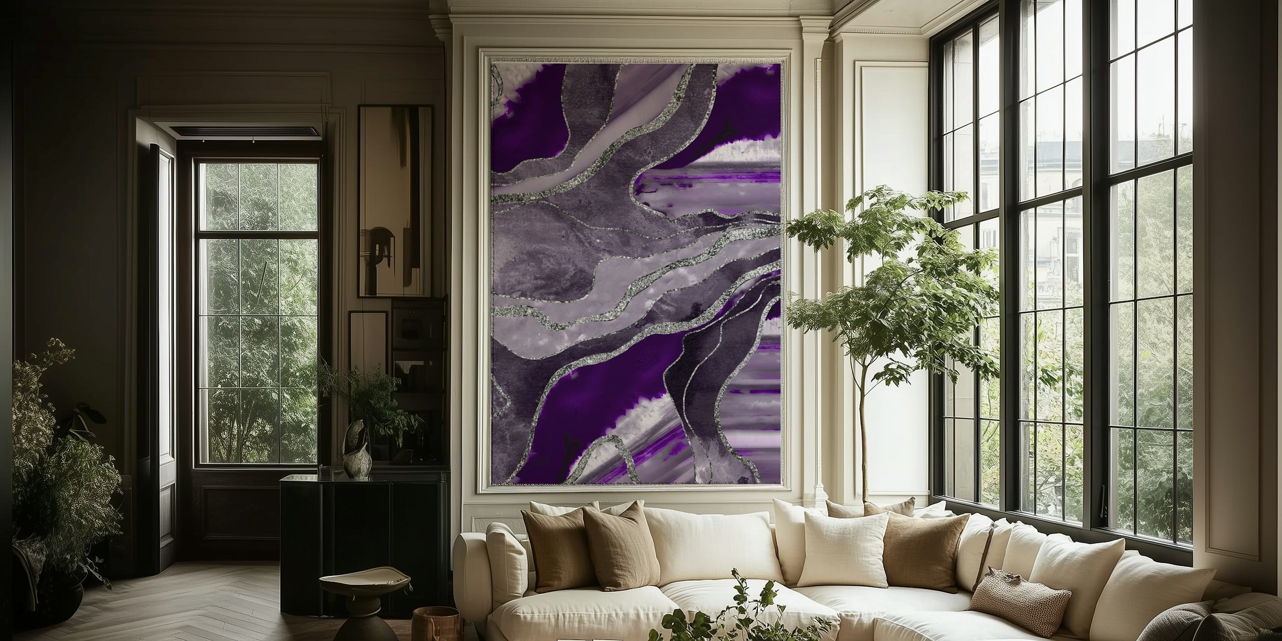 Violet and silver abstract marble agate pattern wall mural