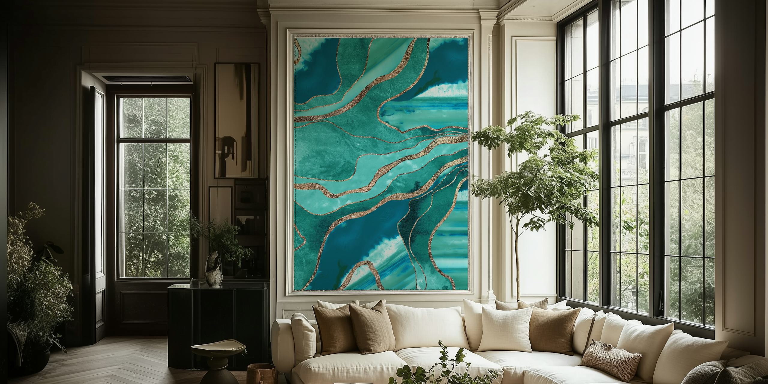 Teal Marble Agate Gold wallpaper displayed in a room