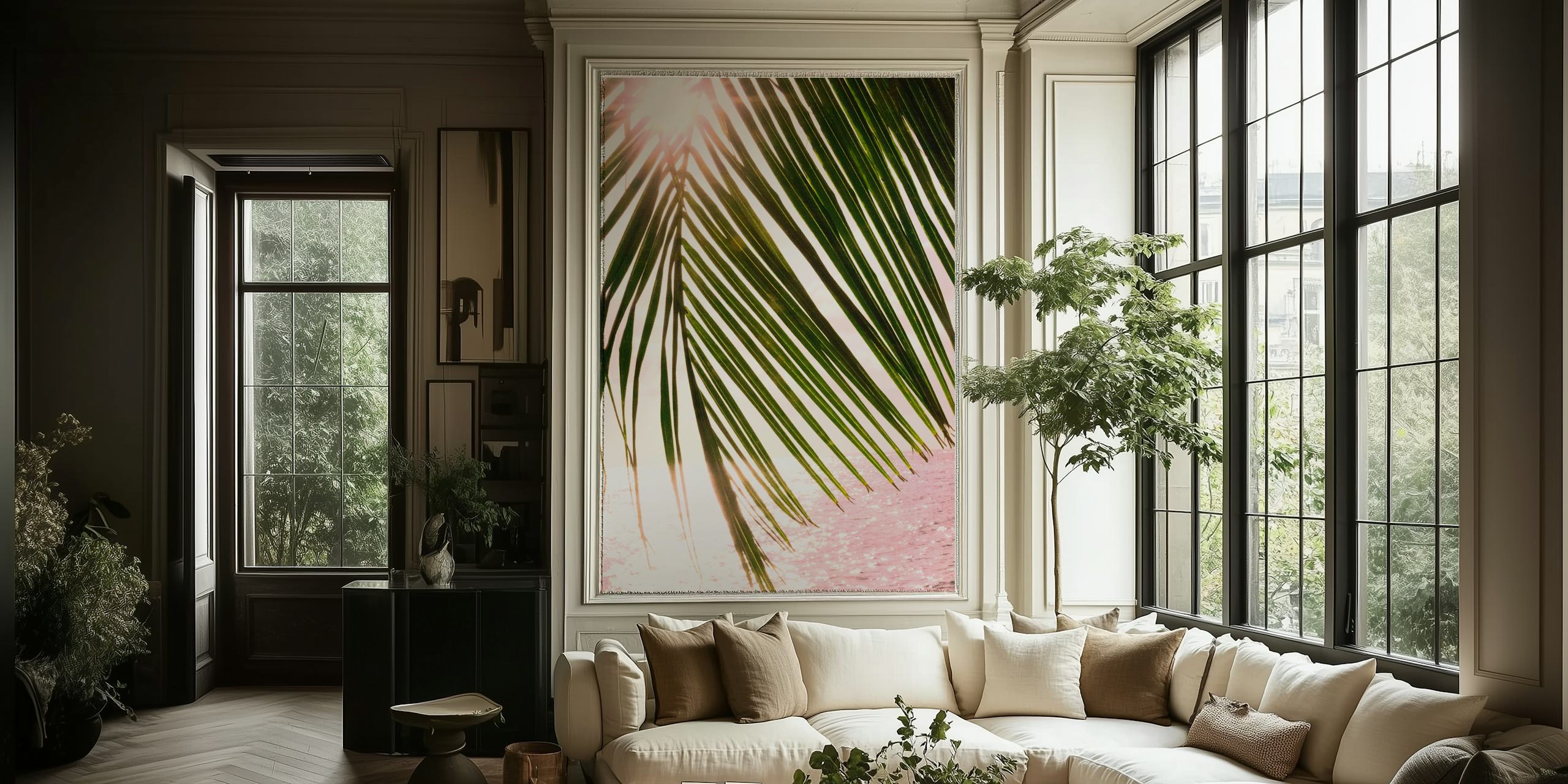 Tropski zalazak sunca Ocean Palm 2 zidna slika sa siluetom palminog lišća naspram zalaska sunca