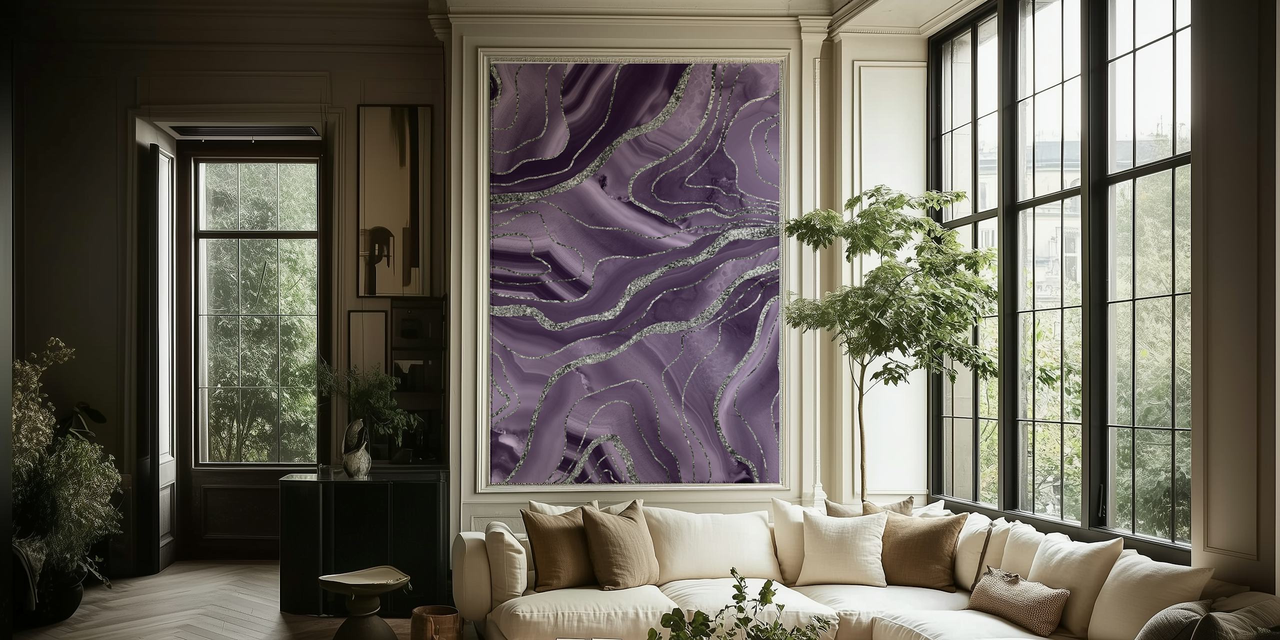 Lavender Agate Silver wall mural with marble-like patterns and silver accents