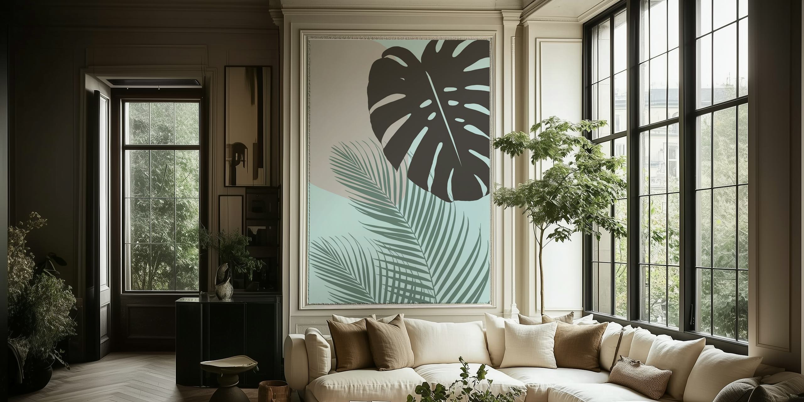 Monstera and palm leaves illustration in green and black on light blue background wallpaper