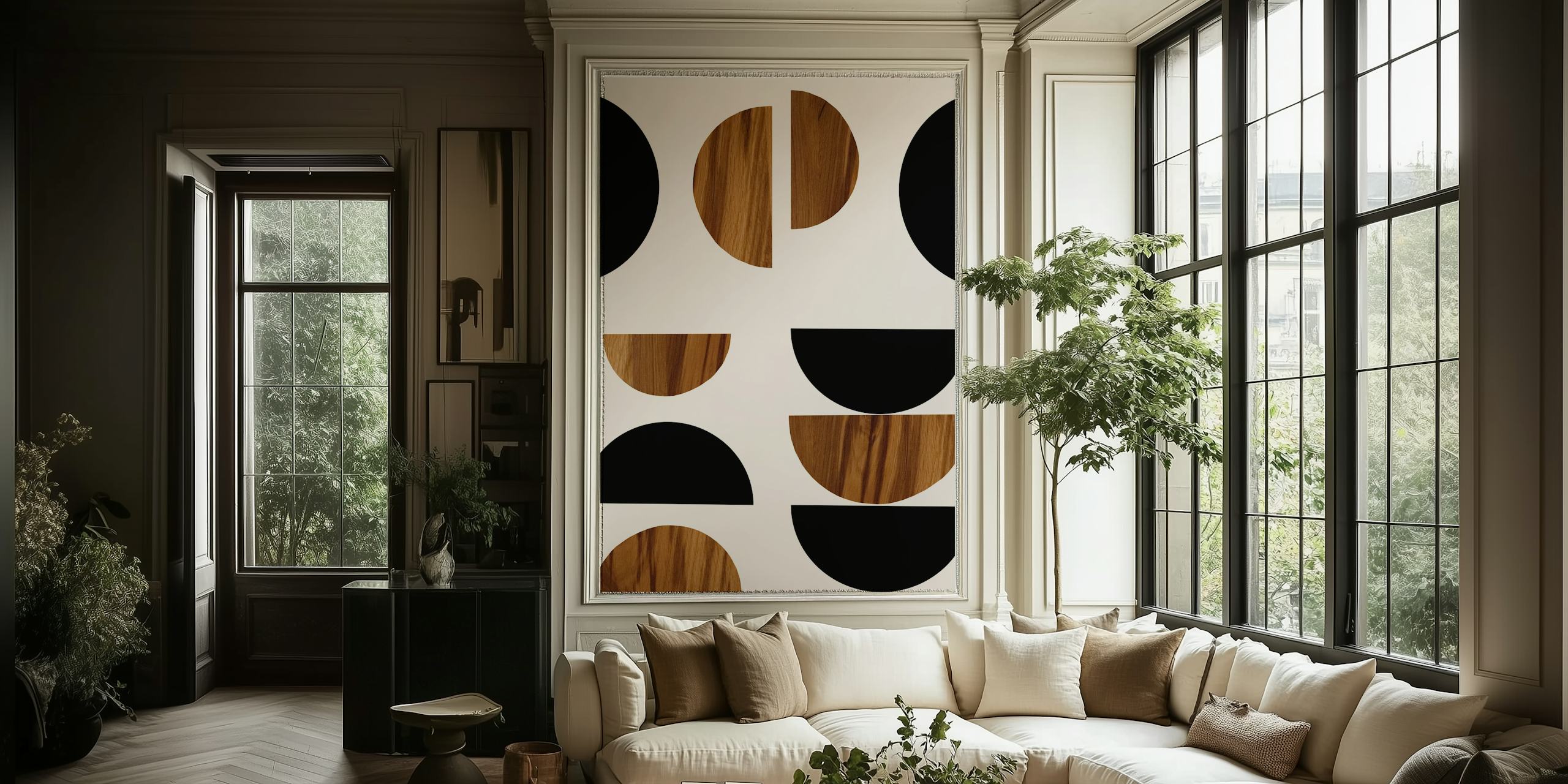 Yin Yang Wood Geometric Glam behang in een kamer