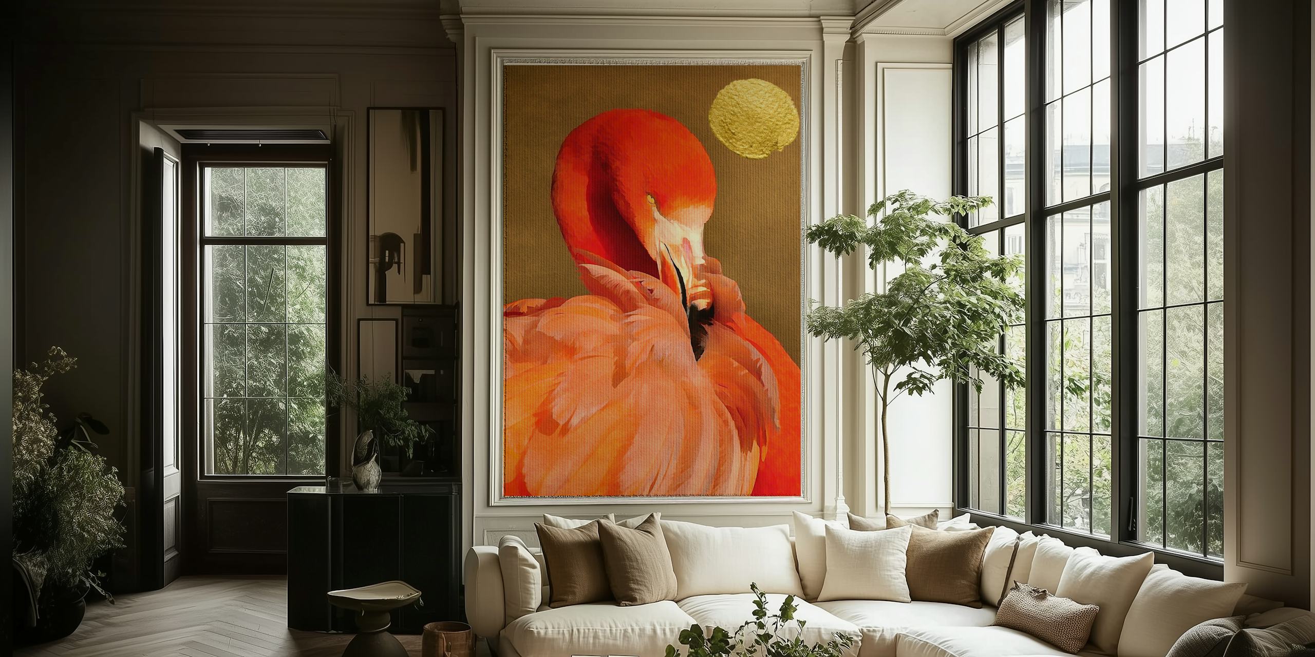 Orange flamingo with gold accents on textured wallpaper