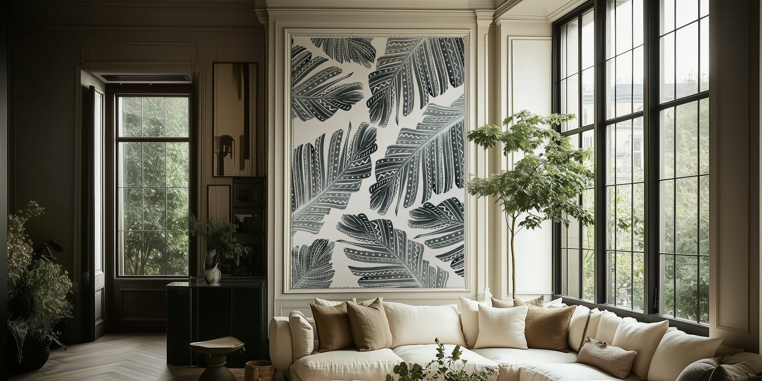 Black and white Boho Banana Leaves wallpaper in a room