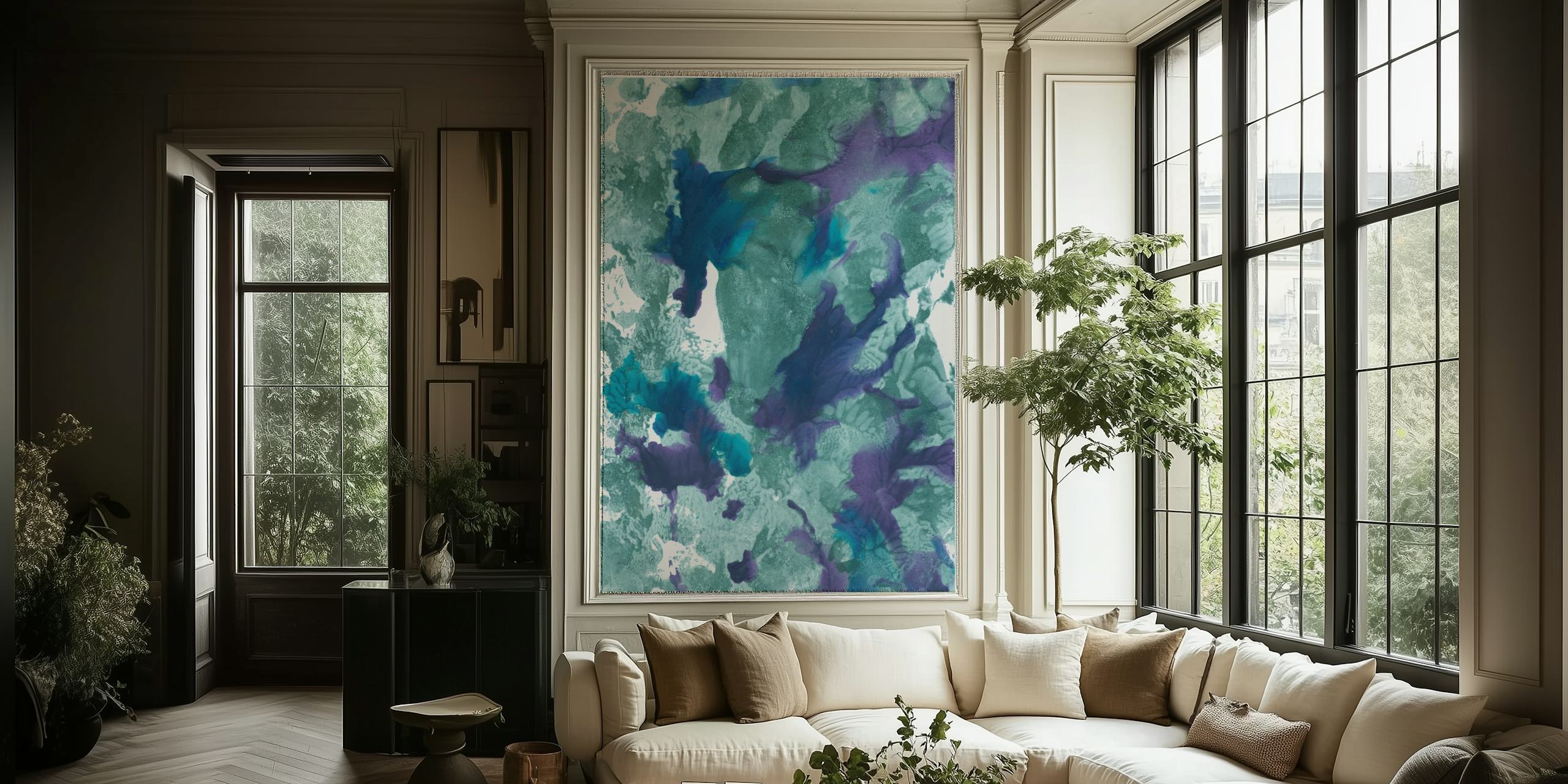 Patrones etéreos de mármol con tinta submarina en tonos azules y verdes para mural de pared