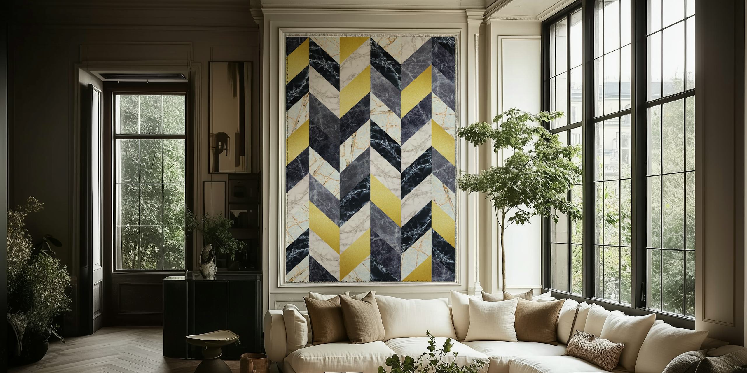 Coloured Pattern II geometrisk sicksack tapet med guld, silver och kol nyanser på happywall.com