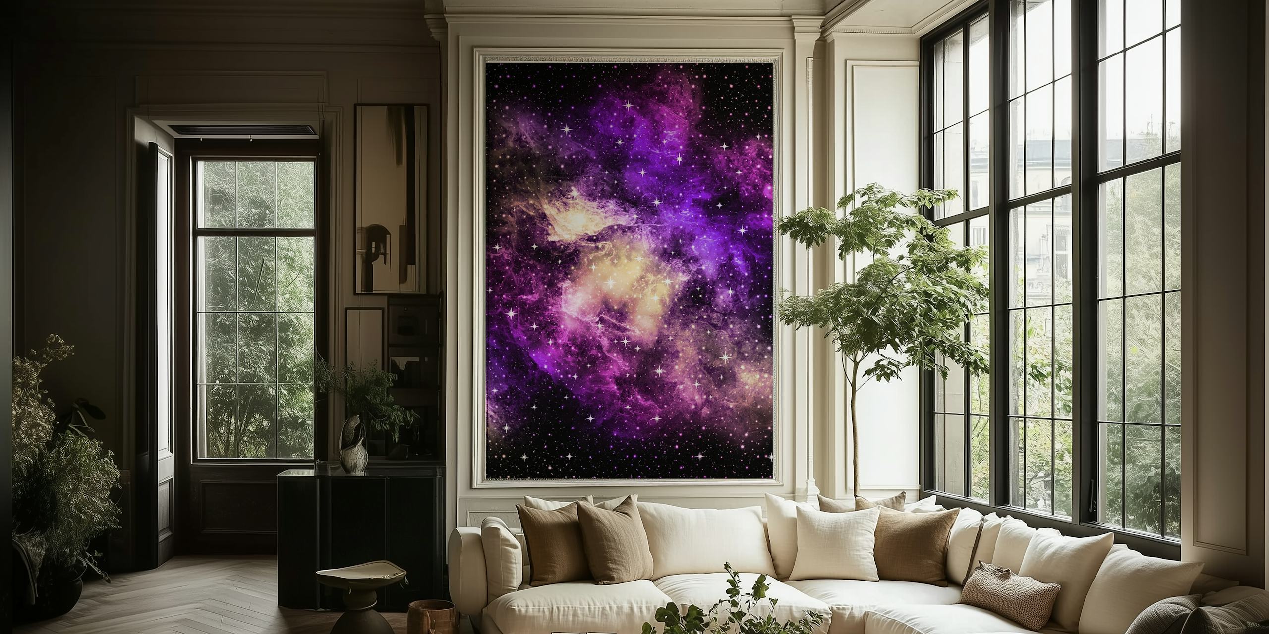 Papier peint Yellow Pink Galaxy Nebula dans une pièce