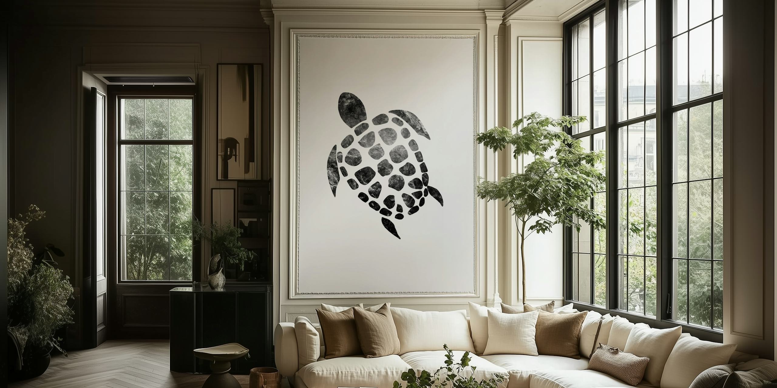 Minimal black turtle silhouette on white background wallpaper