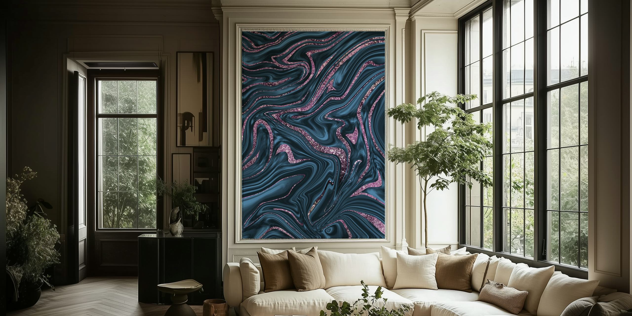 Blaues und rosa Marmormuster mit Glitzerakzenten für Wandgemälde