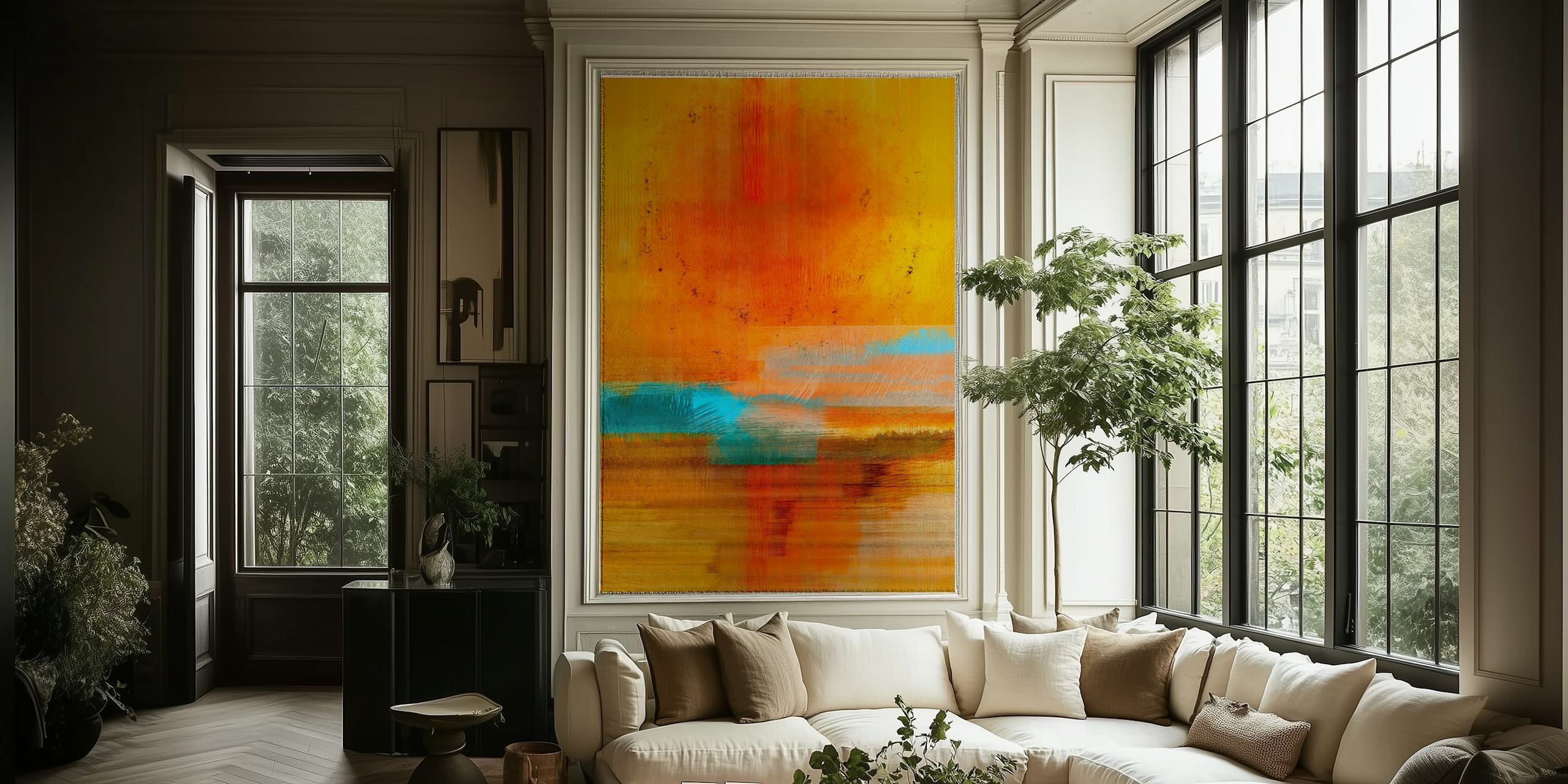 Colorful sunshine-inspired wallpaper in a room