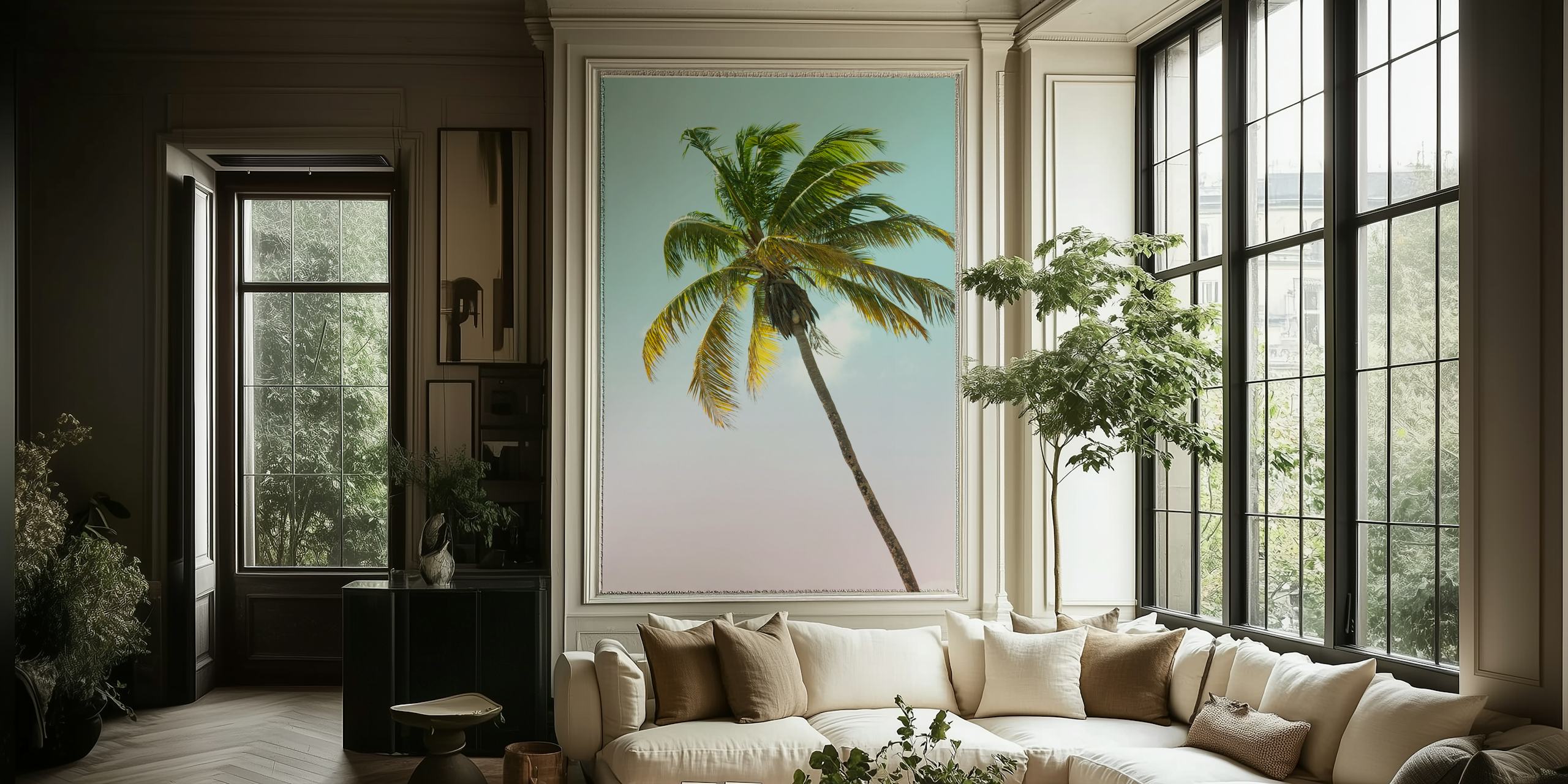 Tropical palm tree with green leaves and peach background wallpaper