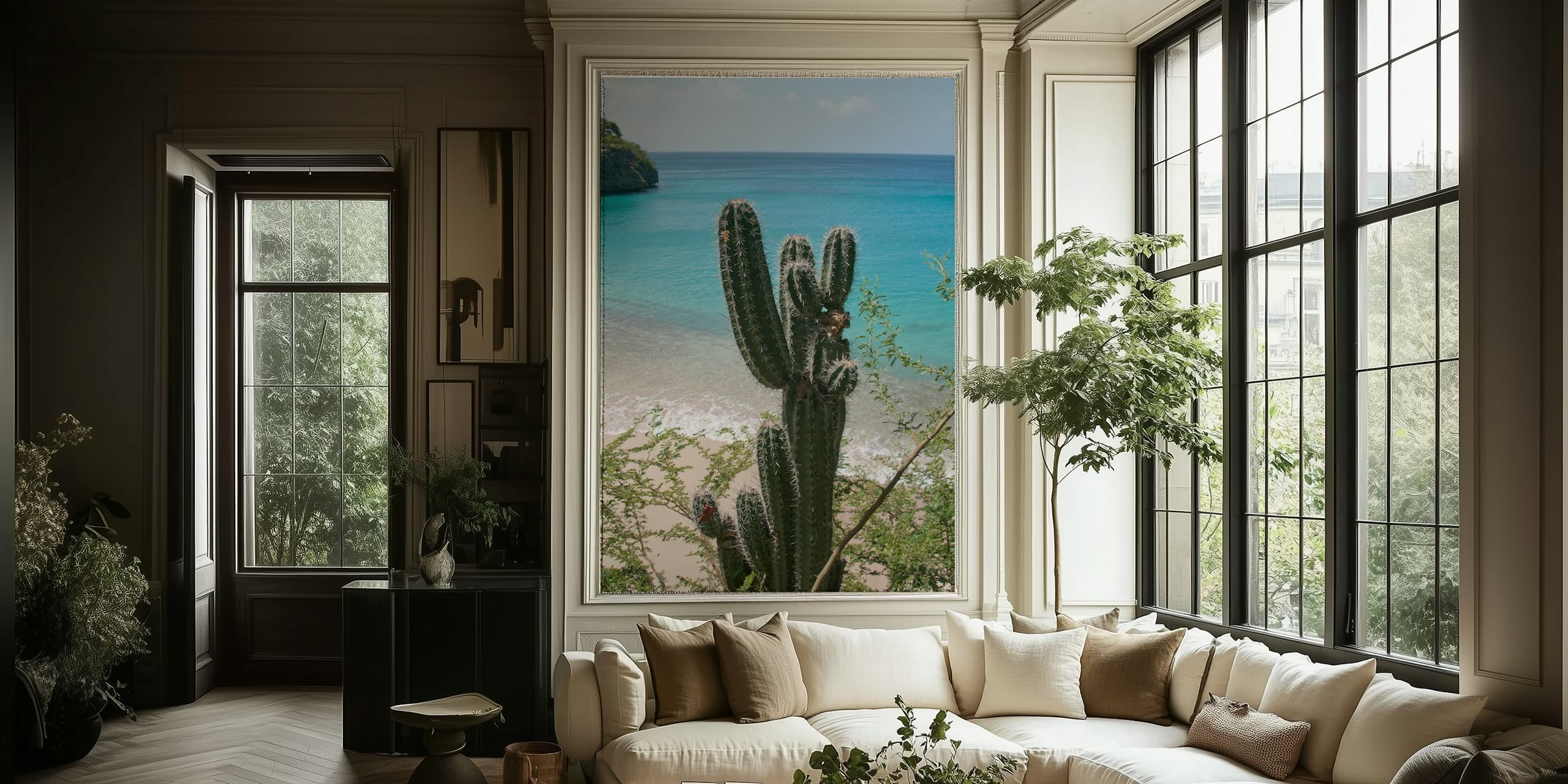 Cactus with ocean background and blue water wallpaper
