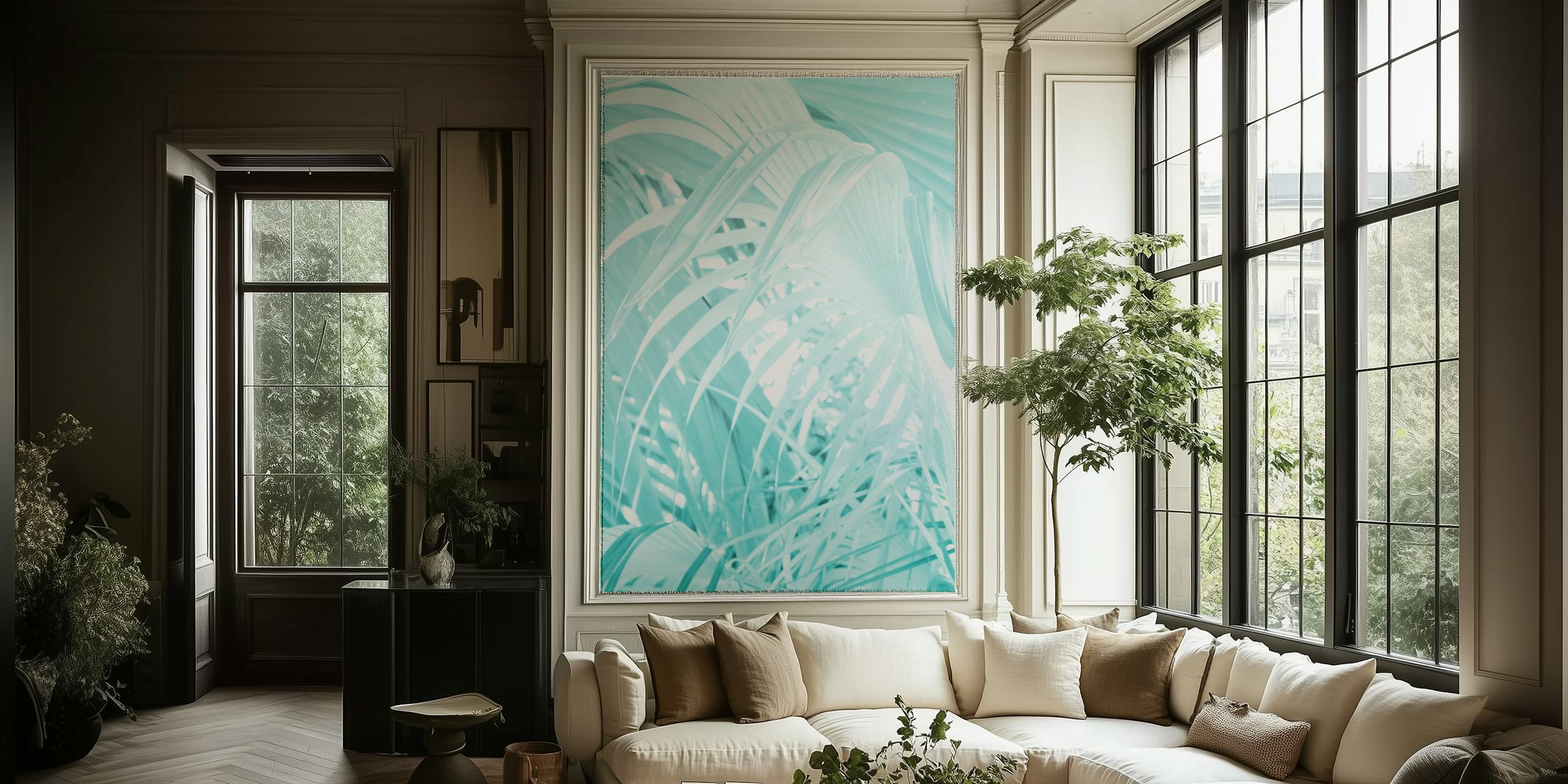 Soft turquoise palm leaves pattern wallpaper