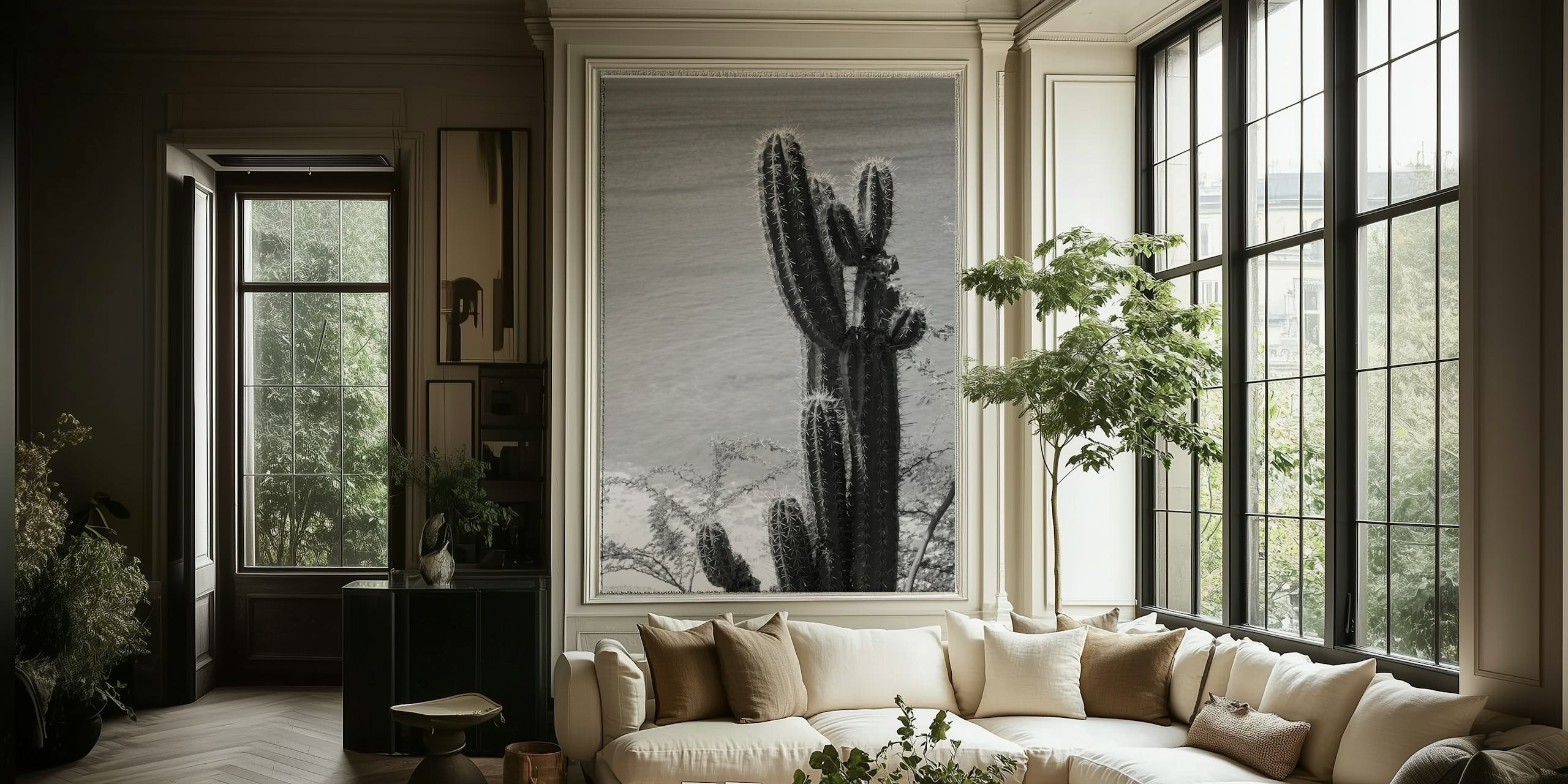 Black and white cactus against the ocean view wallpaper