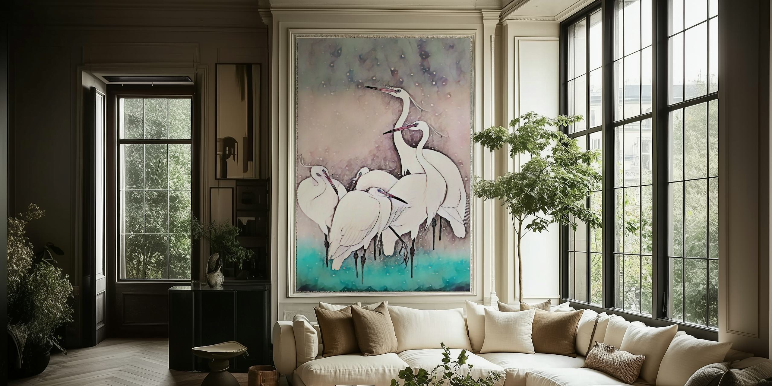 Peinture murale aquarelle vintage aux tons pastel avec un groupe de grues élégantes
