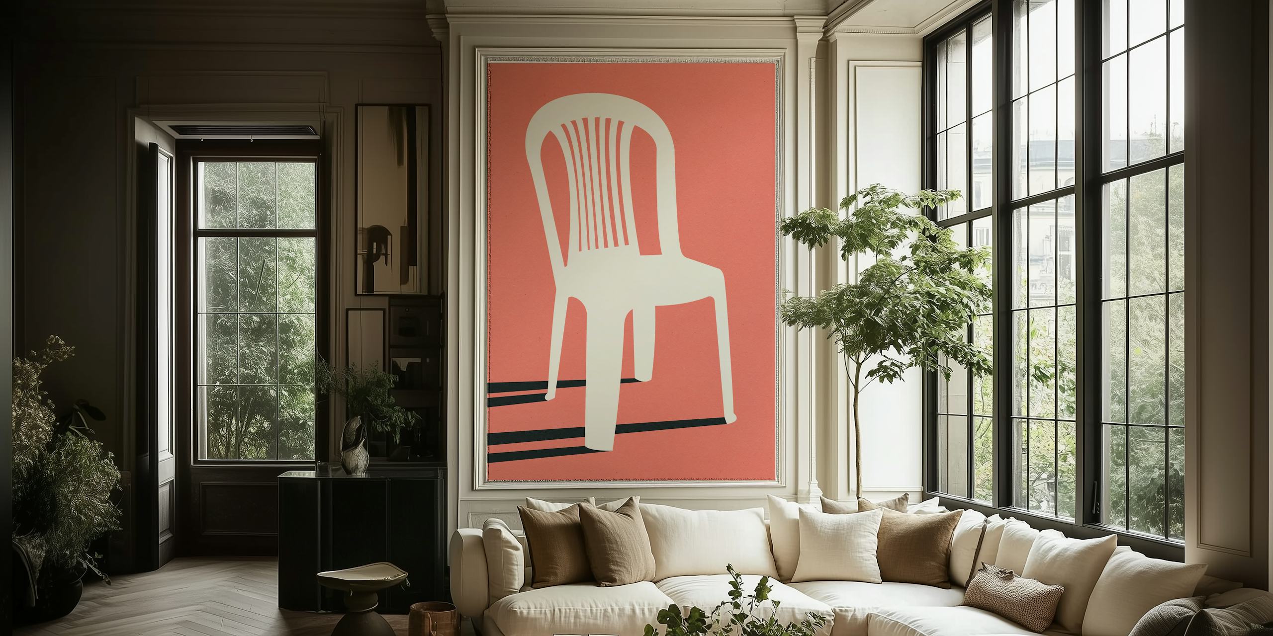 Minimalist chair illustration in white on coral background wallpaper