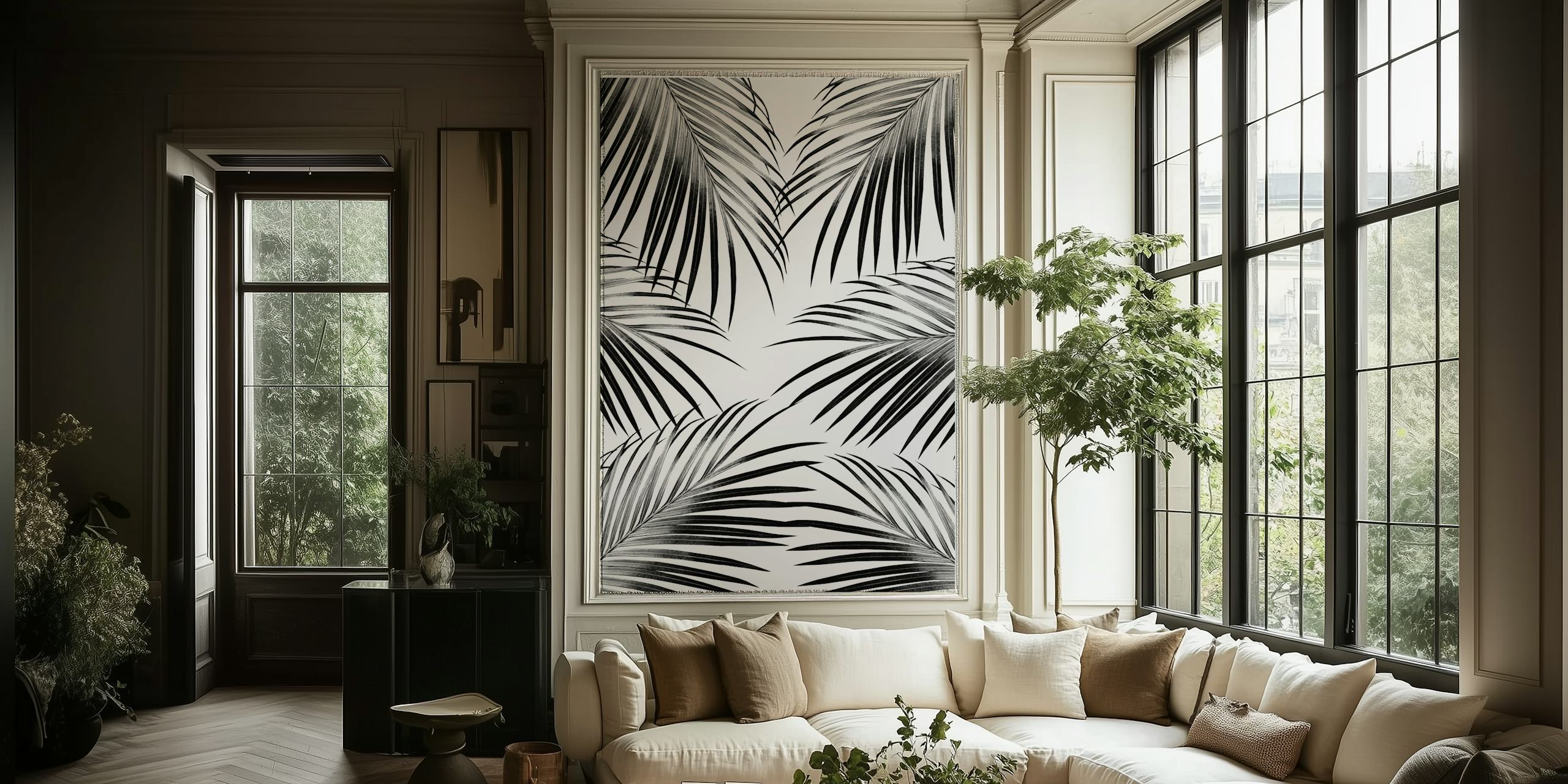 Black palm leaves wallpaper in a room