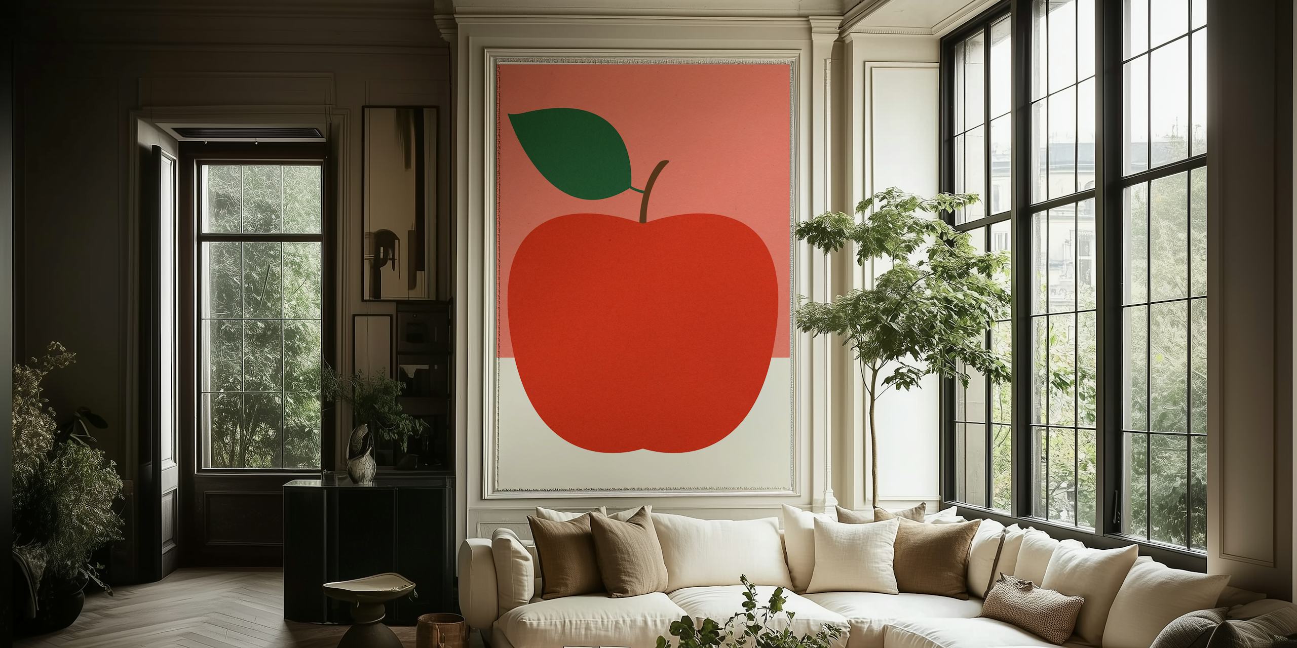 Red apple with green leaf on pink background wallpaper
