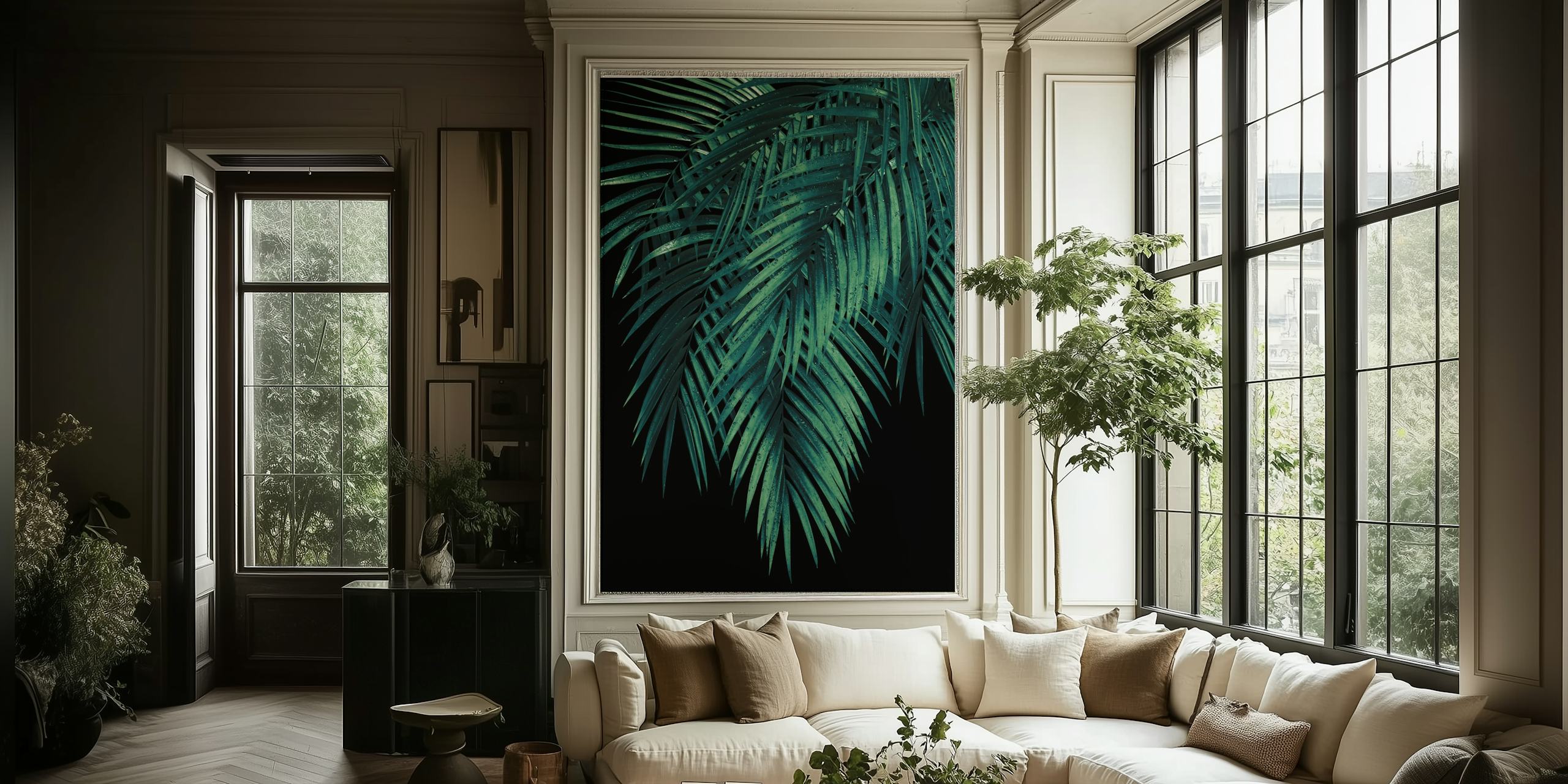 Verdant palm leaves against a dark night backdrop wall mural