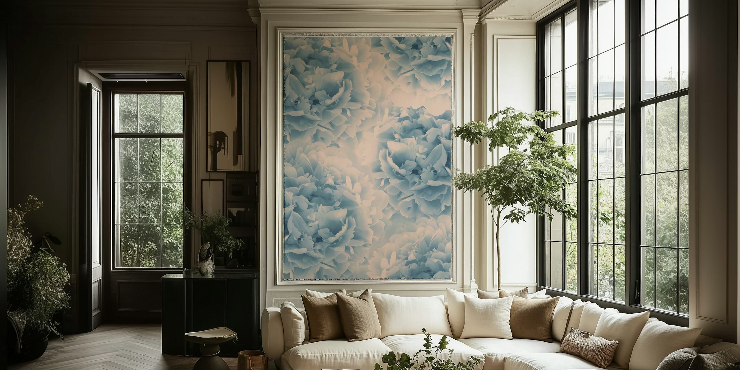Large blush blue peonies floral wallpaper