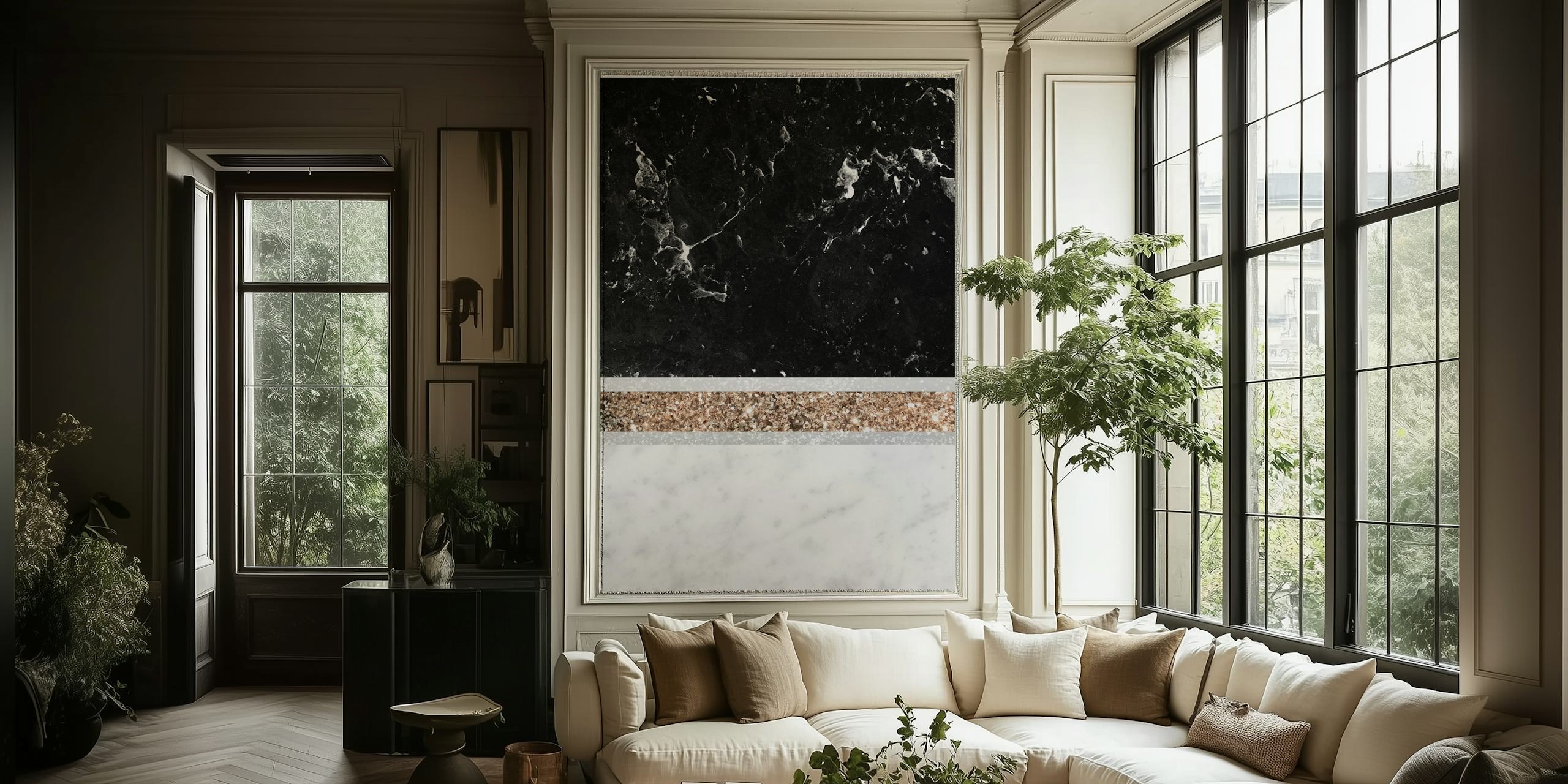 Black and white marble wallpaper with gold accents