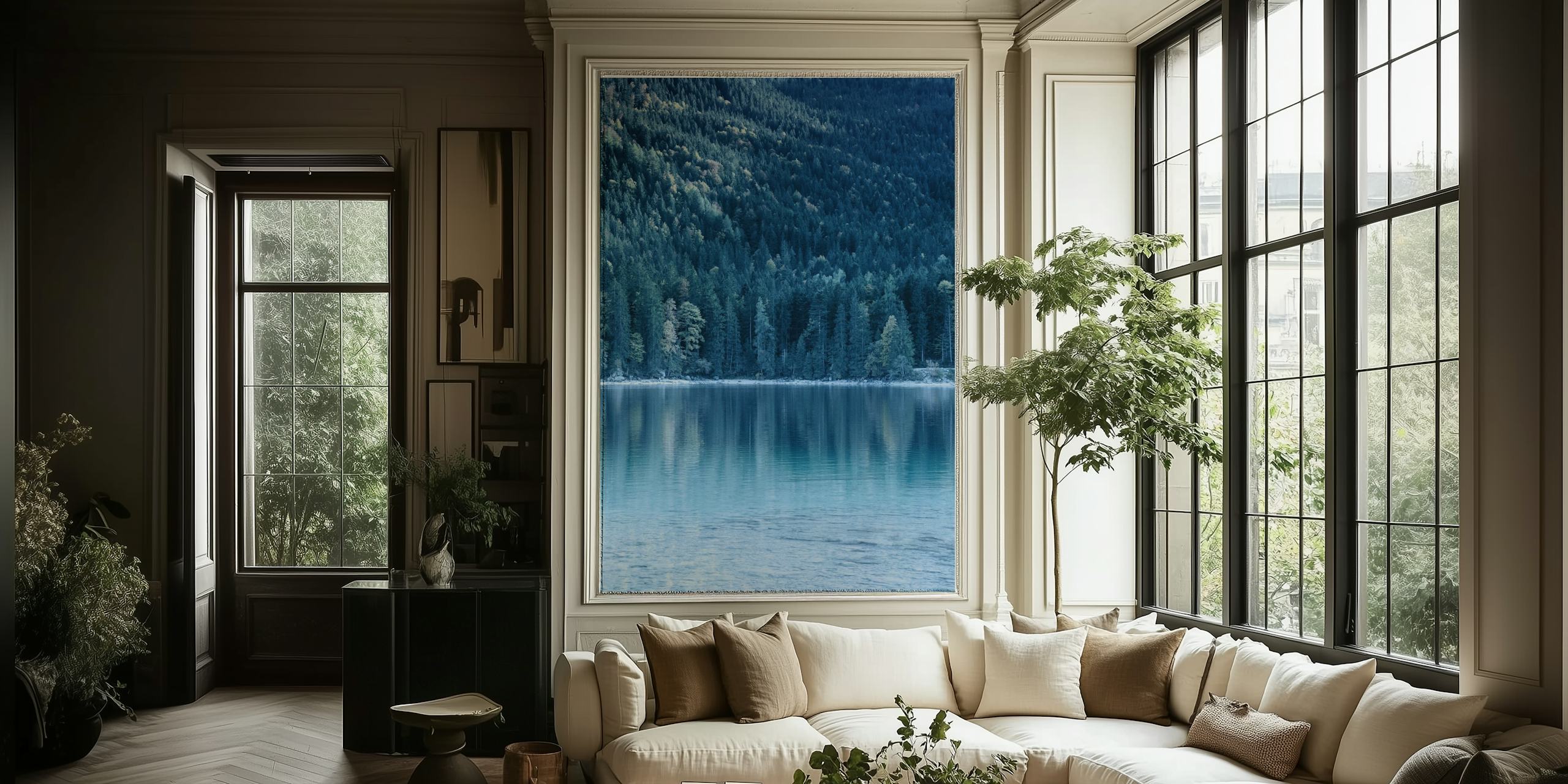 Tree reflection wallpaper in a serene room
