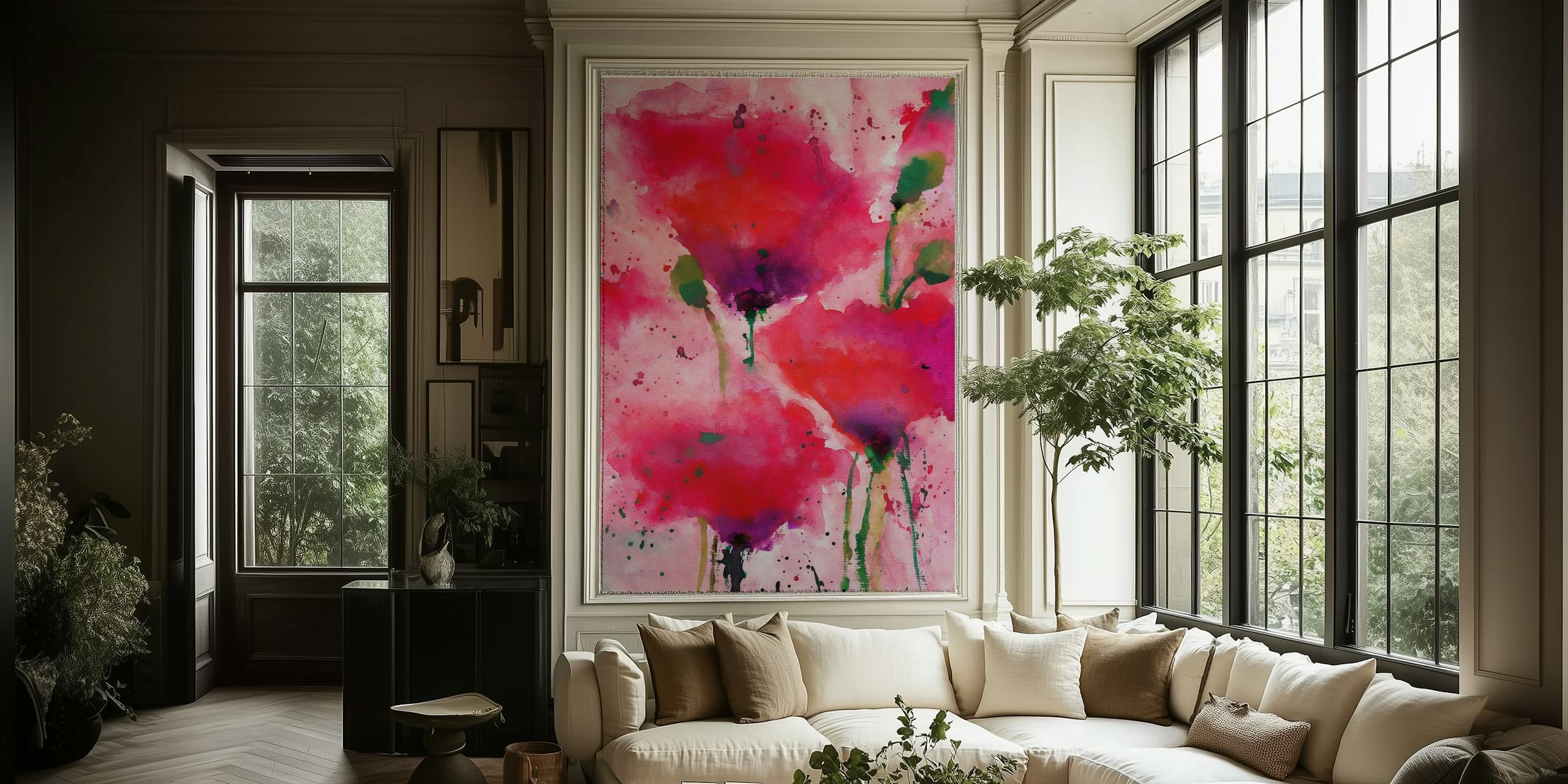 Red flowers wallpaper in a room