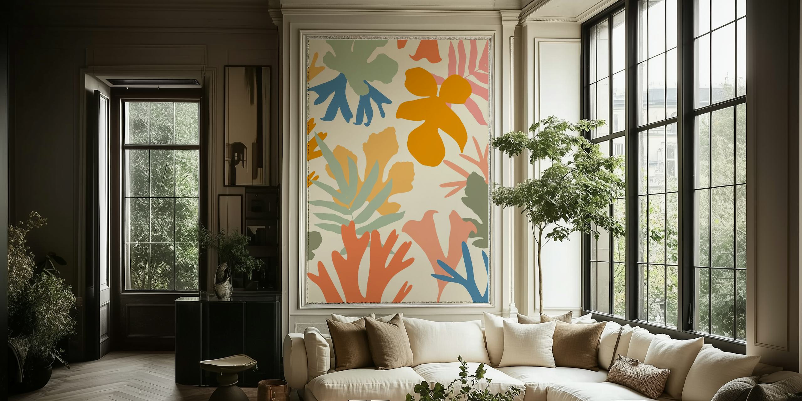 Colorful abstract botanical leaves wall mural perfect for adding a natural artistic touch to interiors.