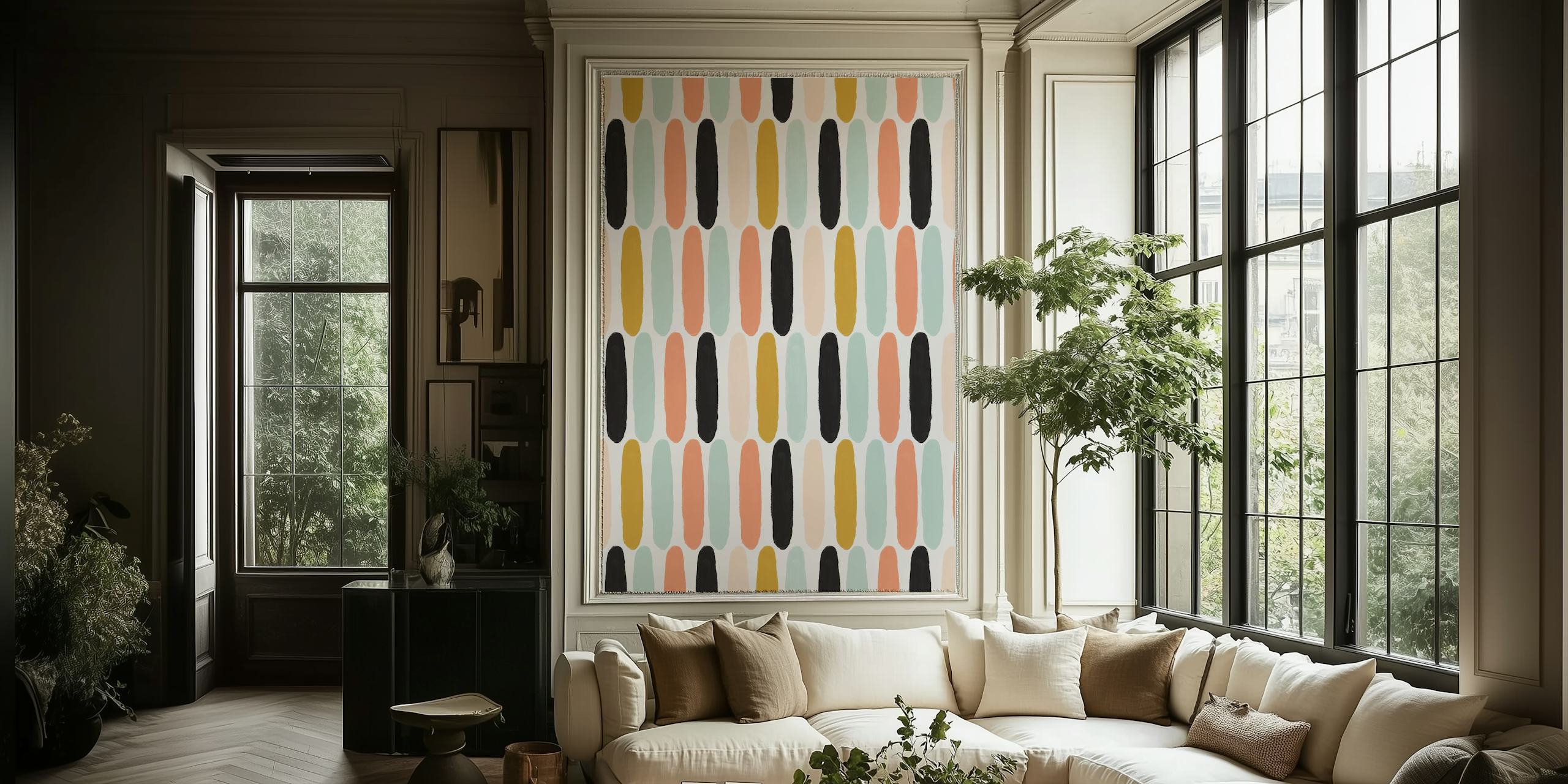 Colorful Scandinavian wallpaper with stripes in peach, black, mint green, and tan