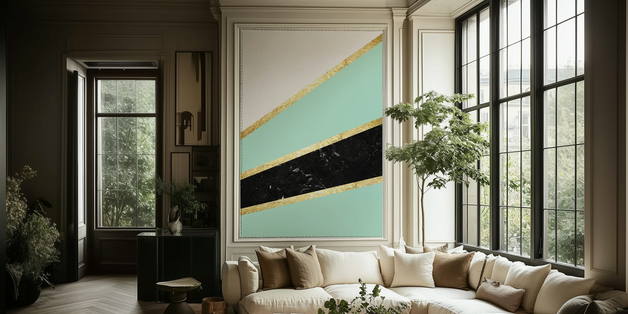 Mintgrønn og hvit marmorveggmural med svarte årer og gullakenter