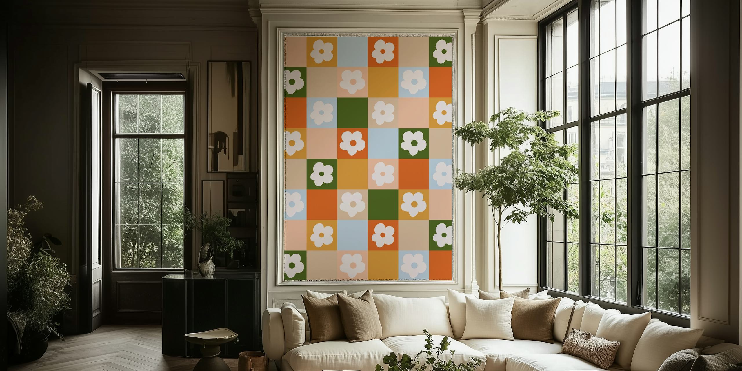 Colorful floral patterns on a retro checkered wallpaper design