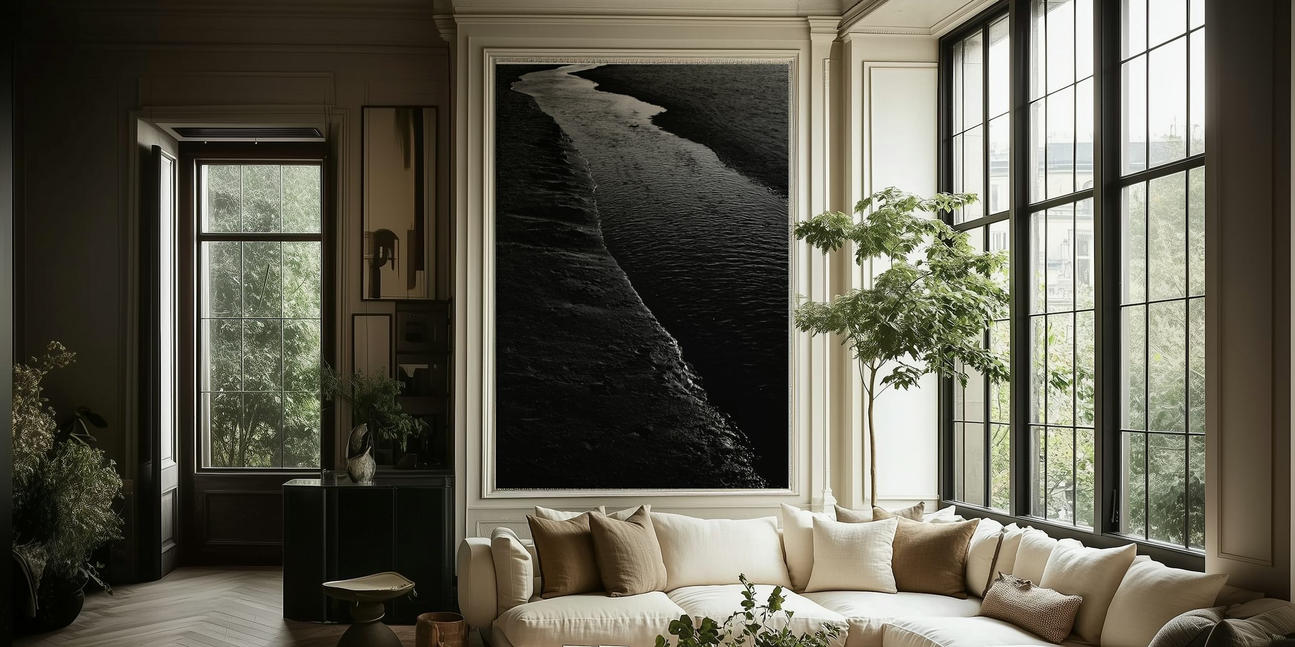 Black and white abstract river wallpaper with flowing shapes