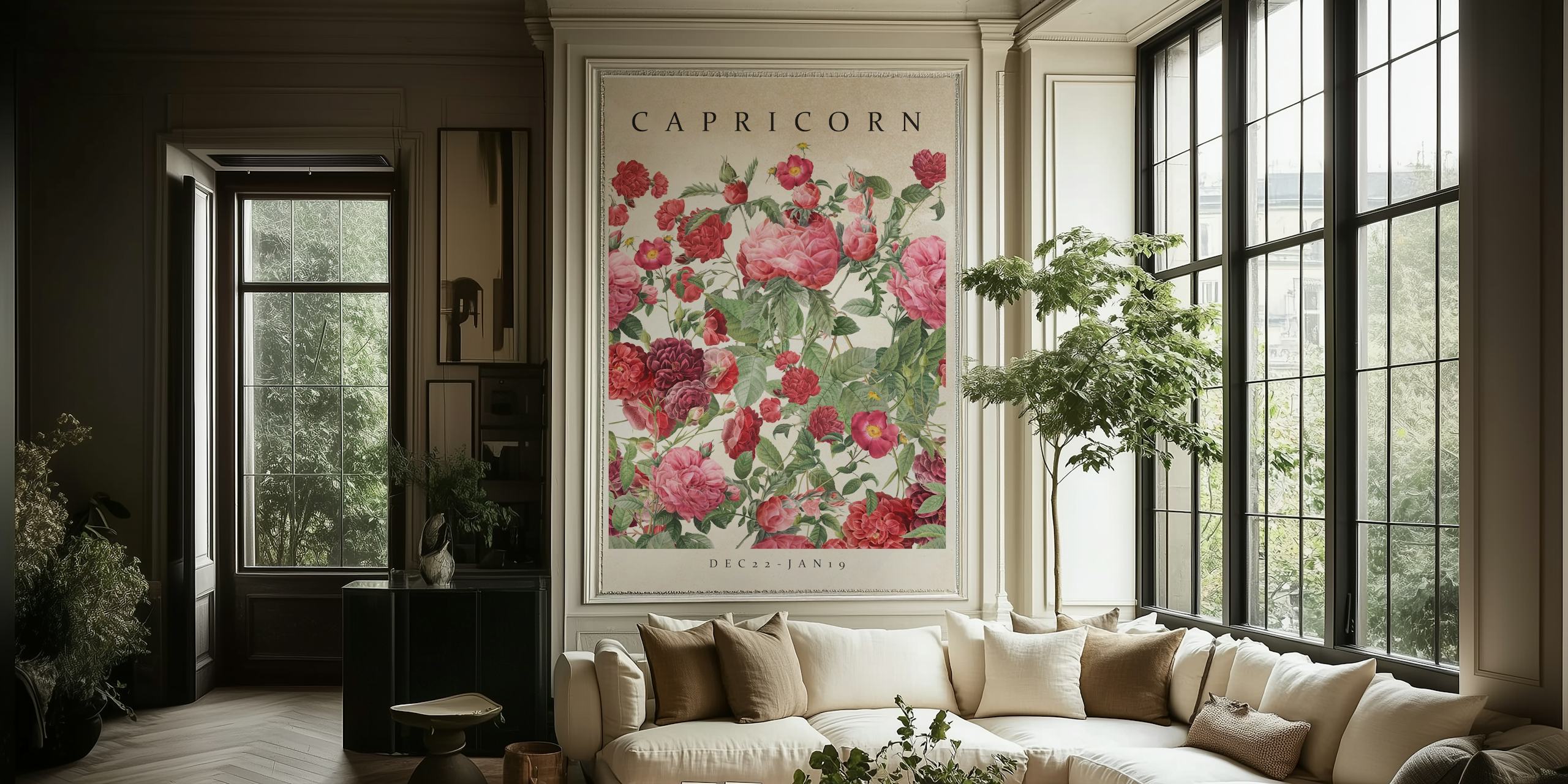 Floral wallpaper with pink roses and green leaves