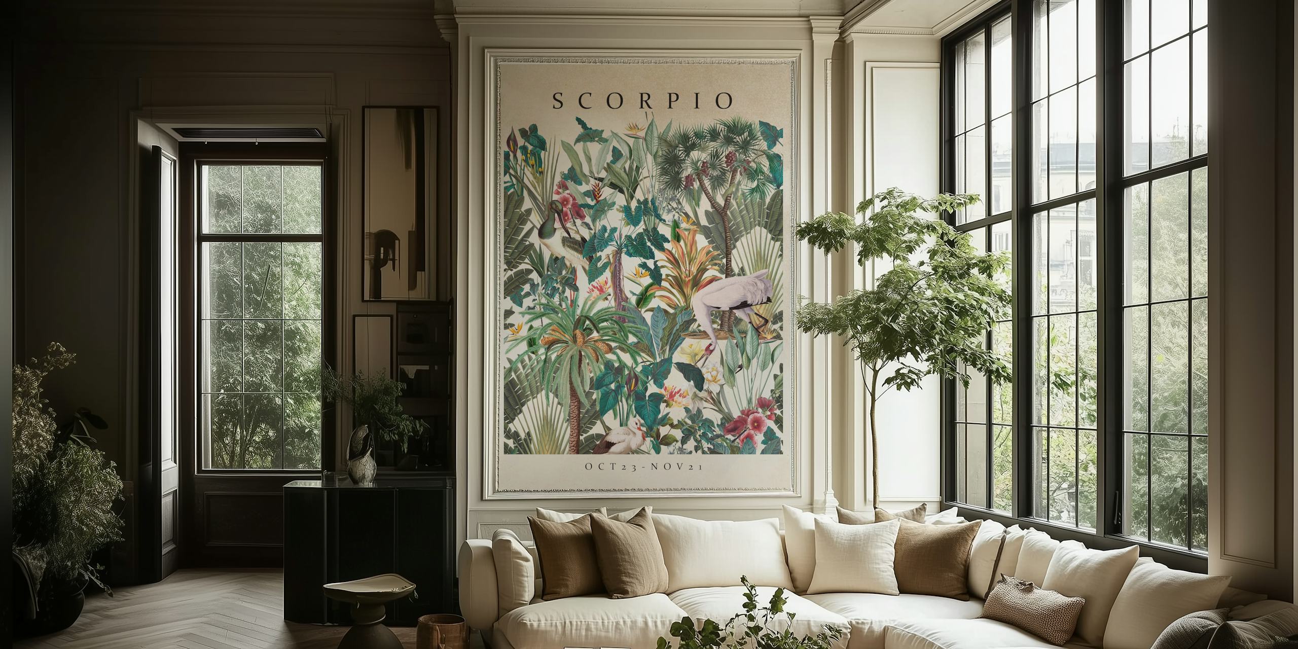 Tropical floral and greenery wallpaper featuring pink, green, and beige colors.