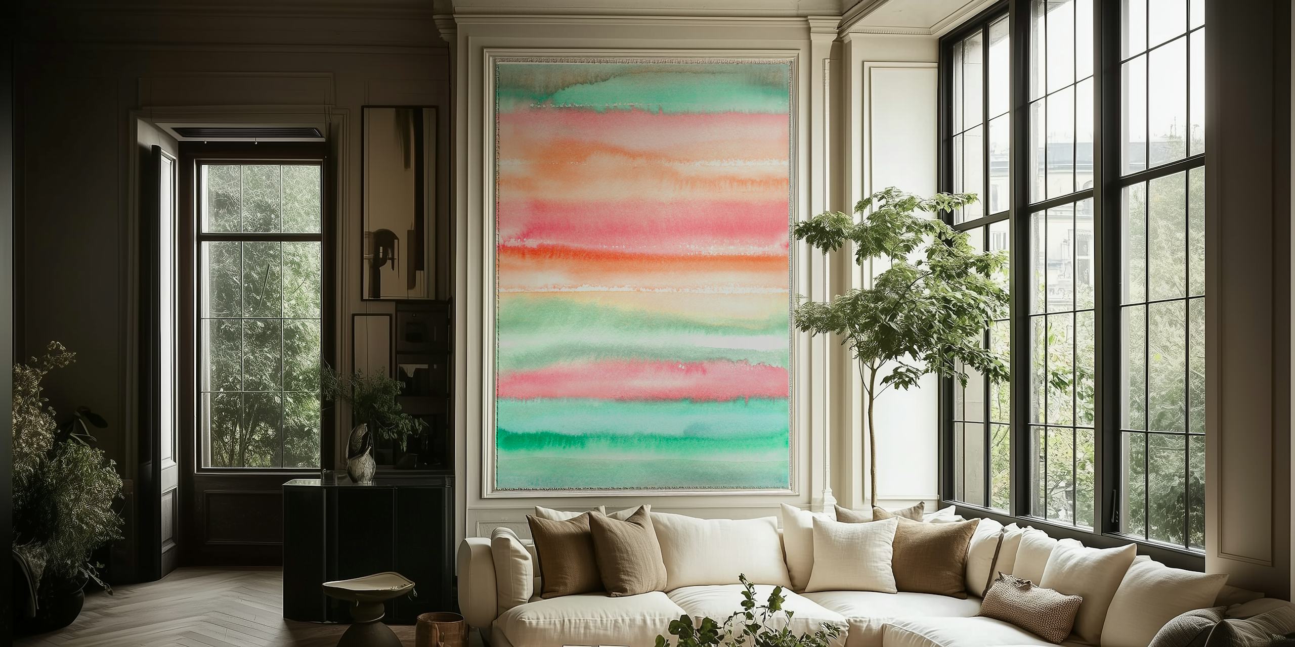 Ombre Watercolor Orange Green wallpaper in a room