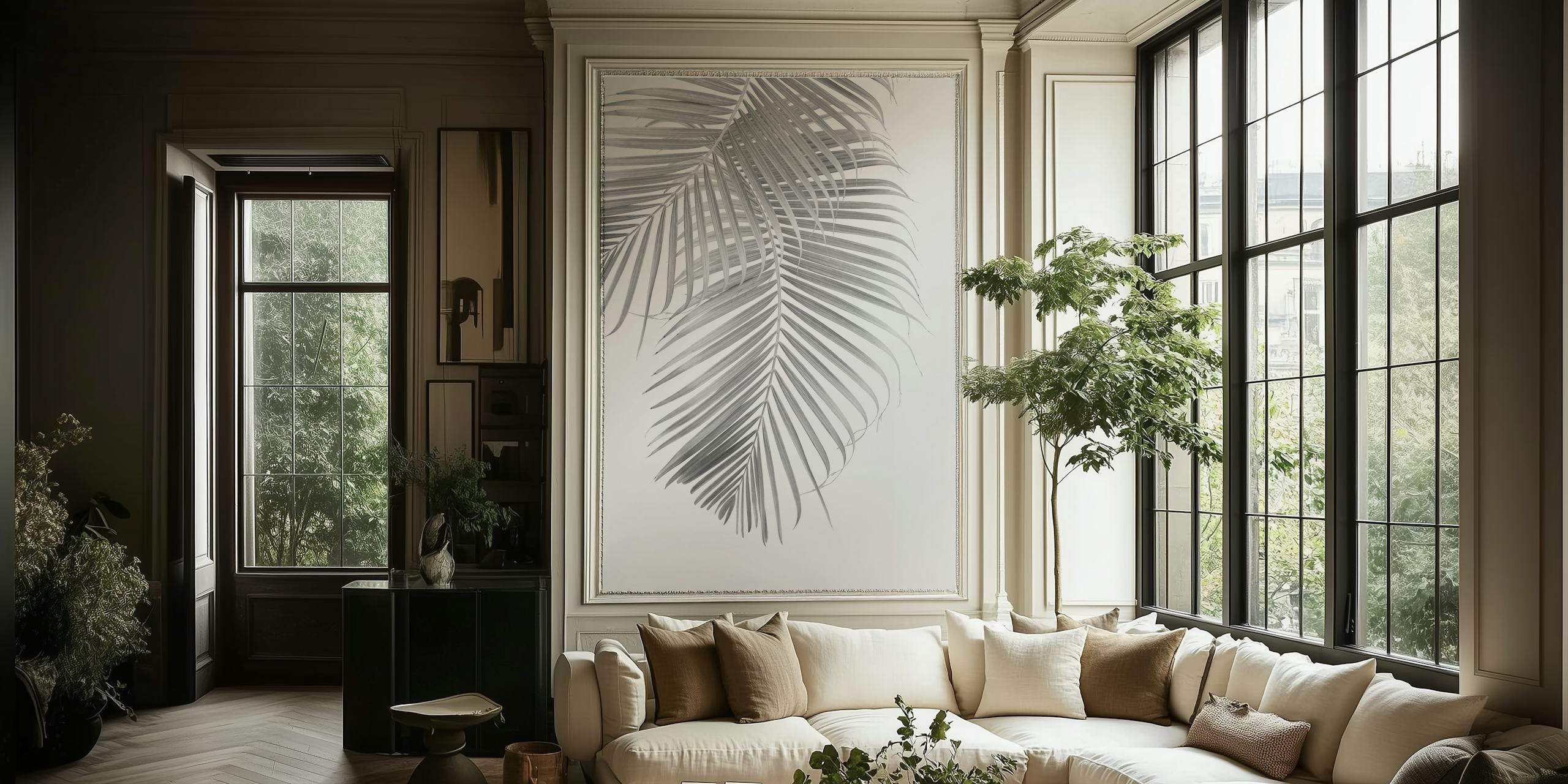 Tropical palm leaves in black and white wallpaper