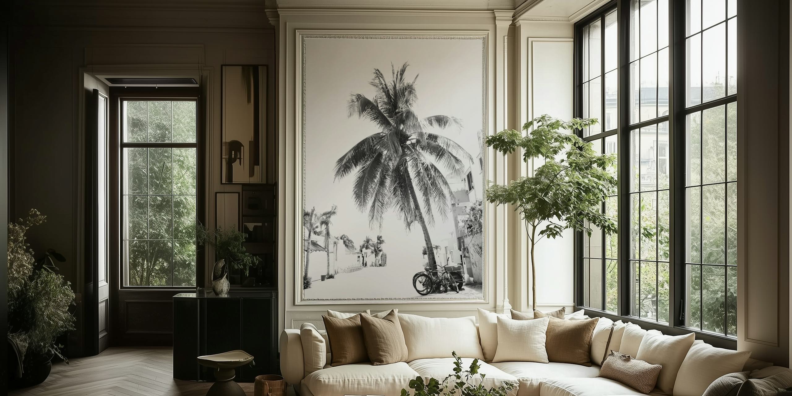 Monochrome Caribbean street scene wall mural with a palm tree and bicycle.