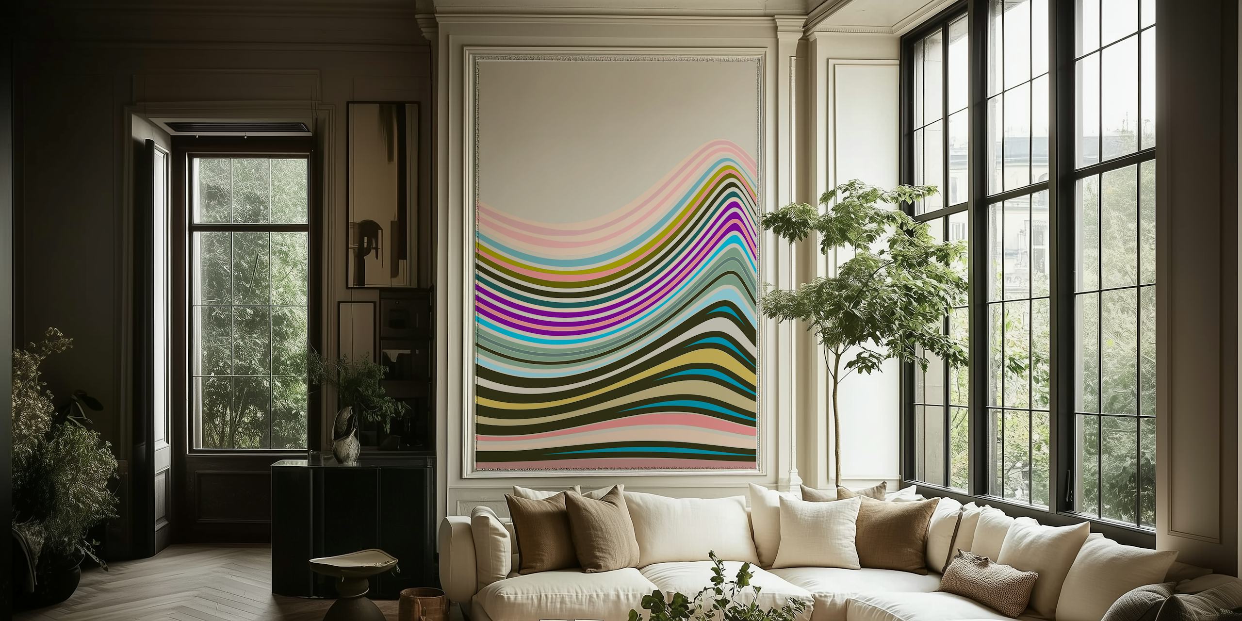 Wavy striped design in multicolor tones including pink, purple, and teal wallpaper.