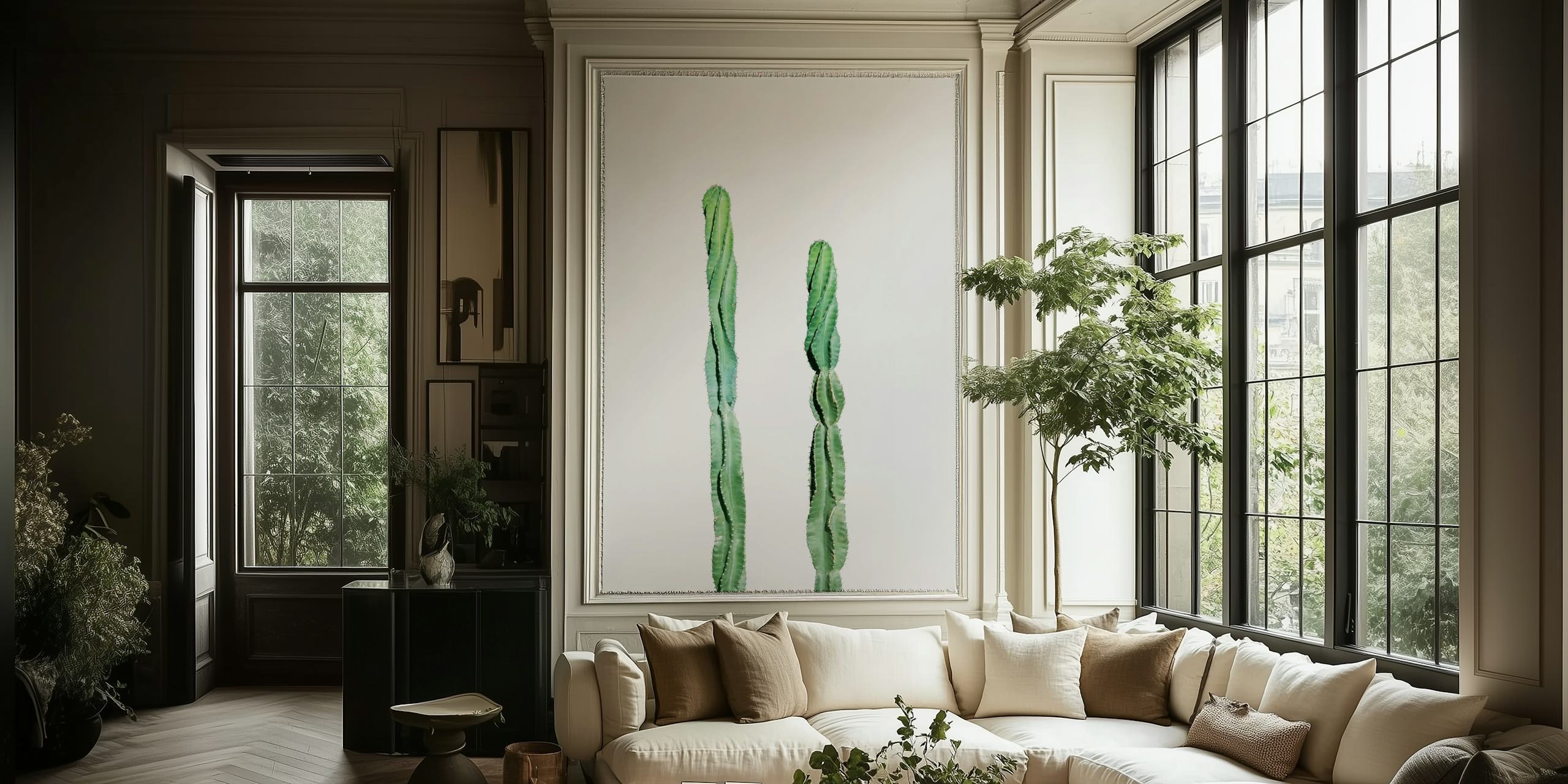 Mexican Cacti Dream 2 wall mural with a minimalistic design of tall green cacti on a clear background