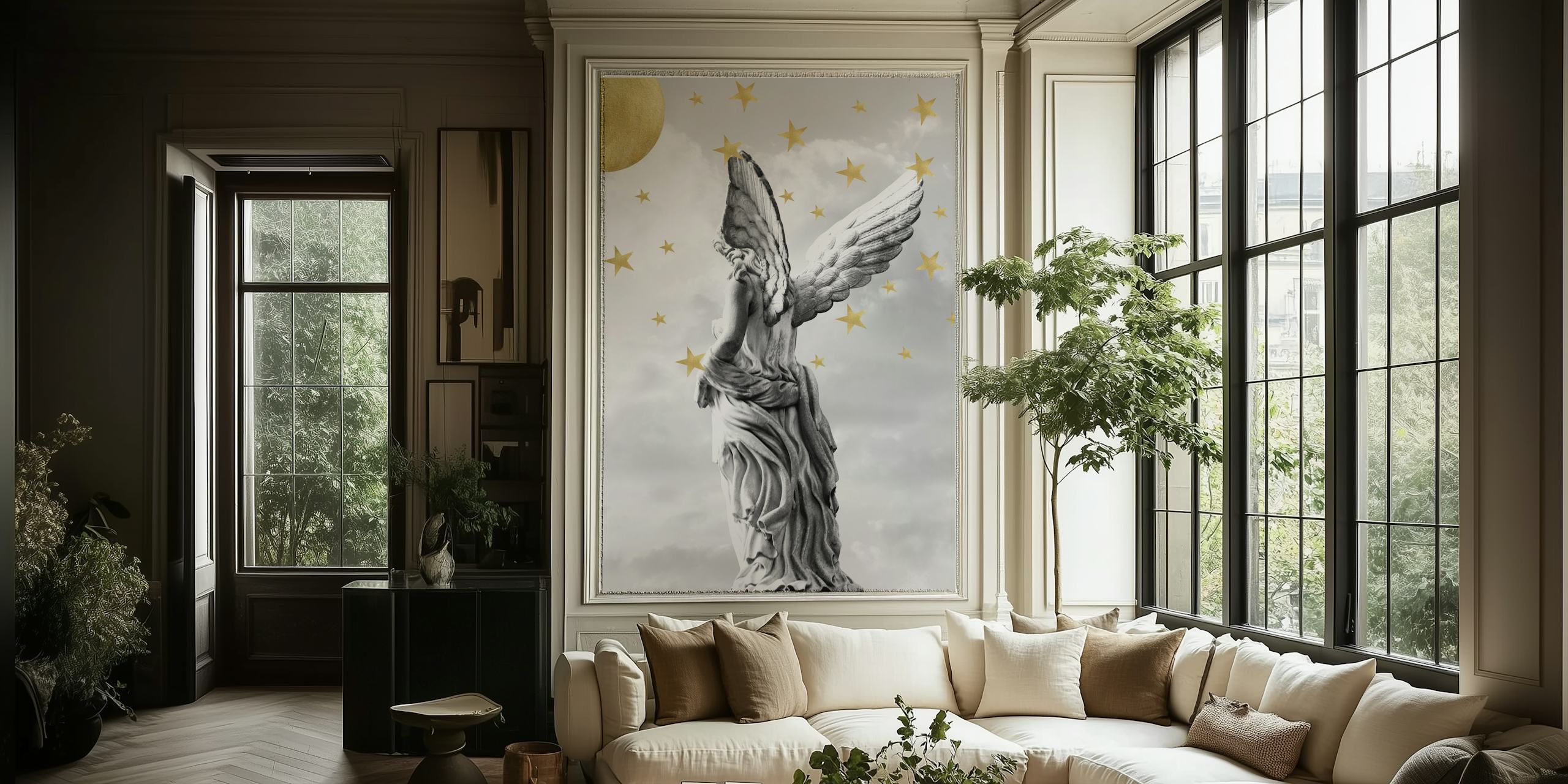 Angel statue with wings and stars against a gray background wallpaper