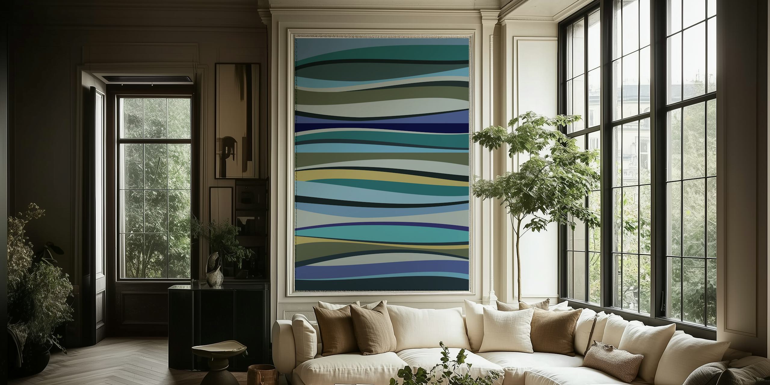Abstract wave pattern in blue, green, and grey colors wallpaper